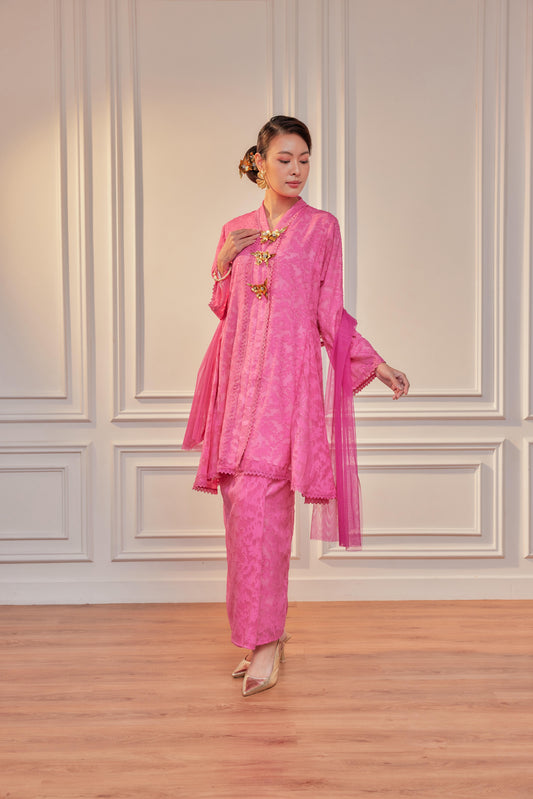 Begonia Pink - Jacquard Lace Kebaya Riau Set (Full Lining)