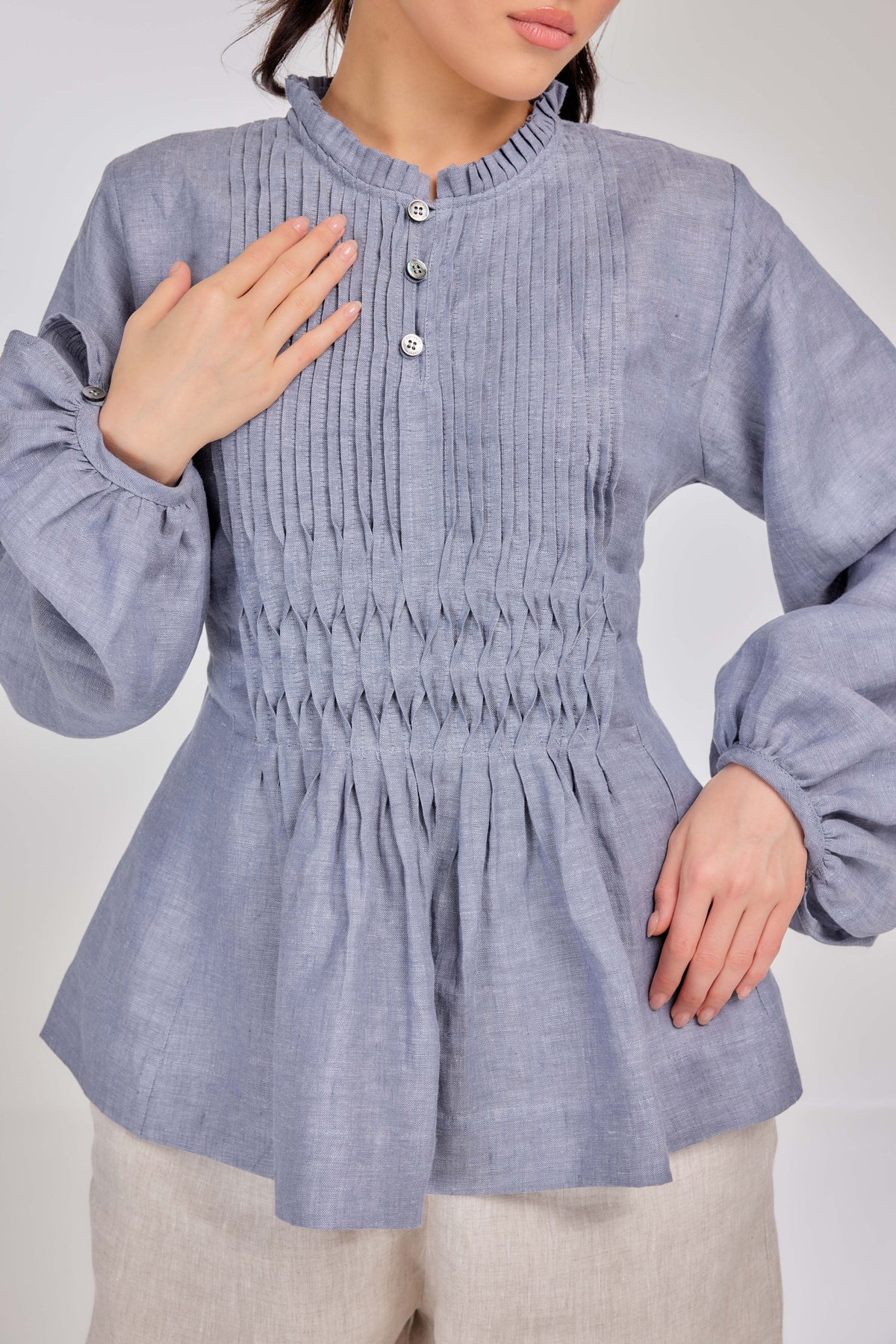 24 - Memento Pleated Lace-Up Micro-Check Pure Linen Top in Morning Mist