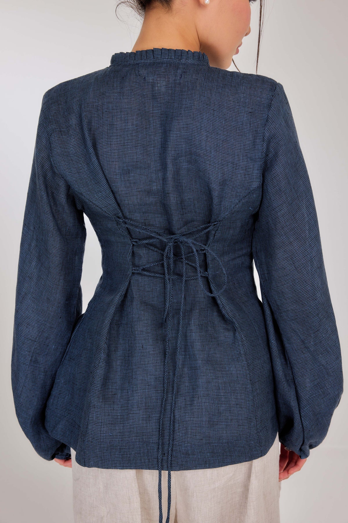 13 - Memento Pleated Lace-Up Micro-Check Pure Linen Top in Cosmic