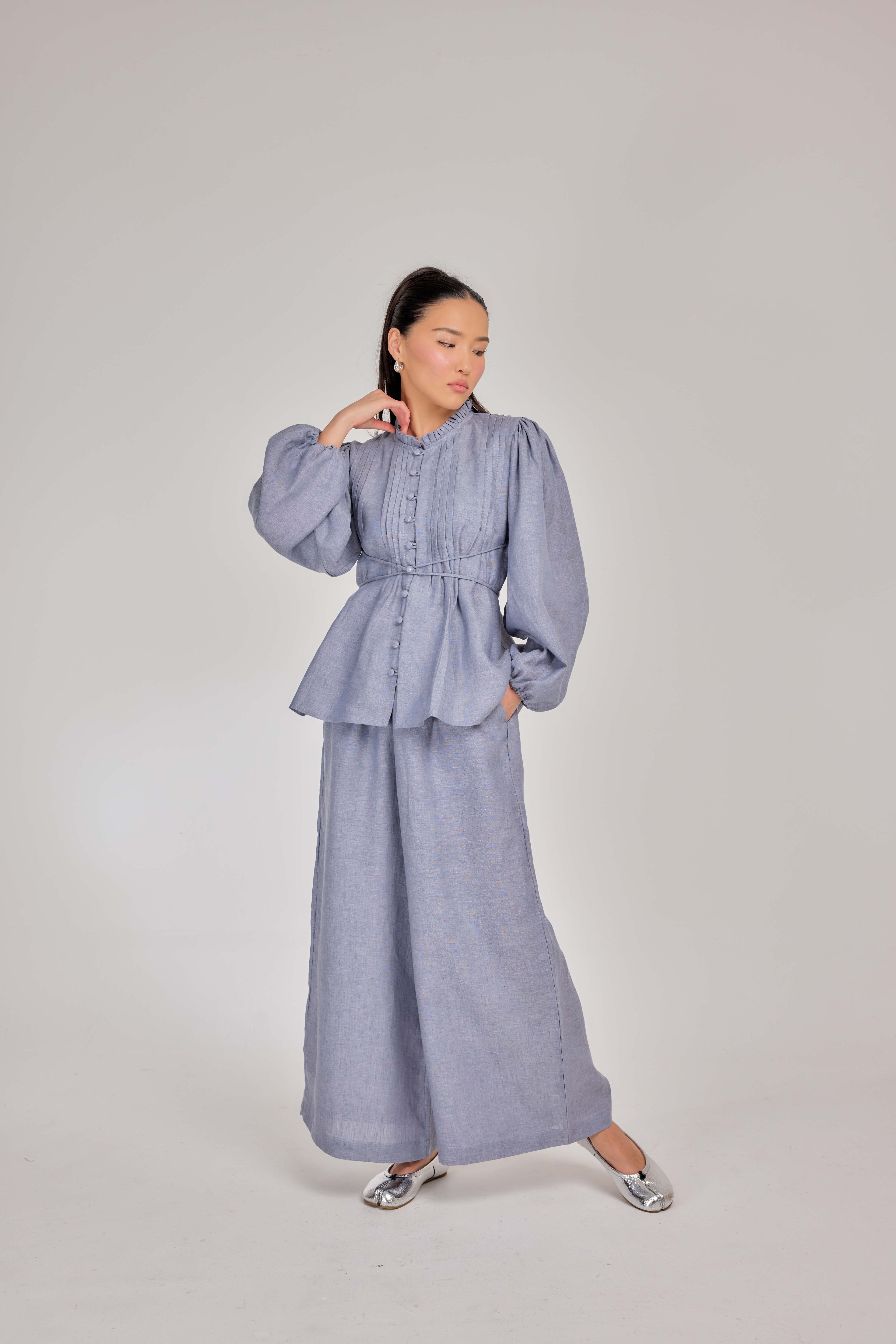 10 - The Daydream Tie-Waist Mélange Pure Linen Top in Morning Mist