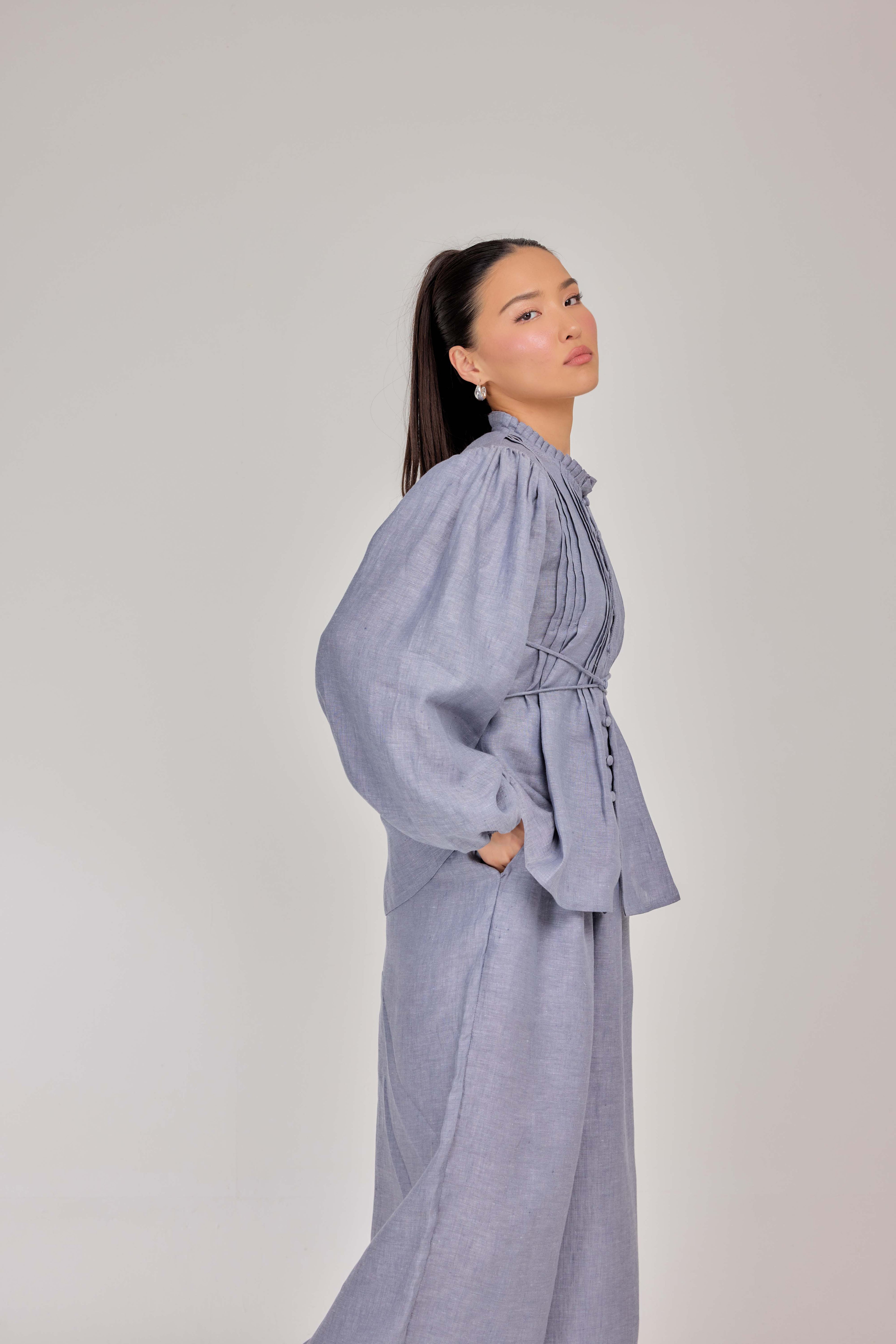 10 - The Daydream Tie-Waist Mélange Pure Linen Top in Morning Mist