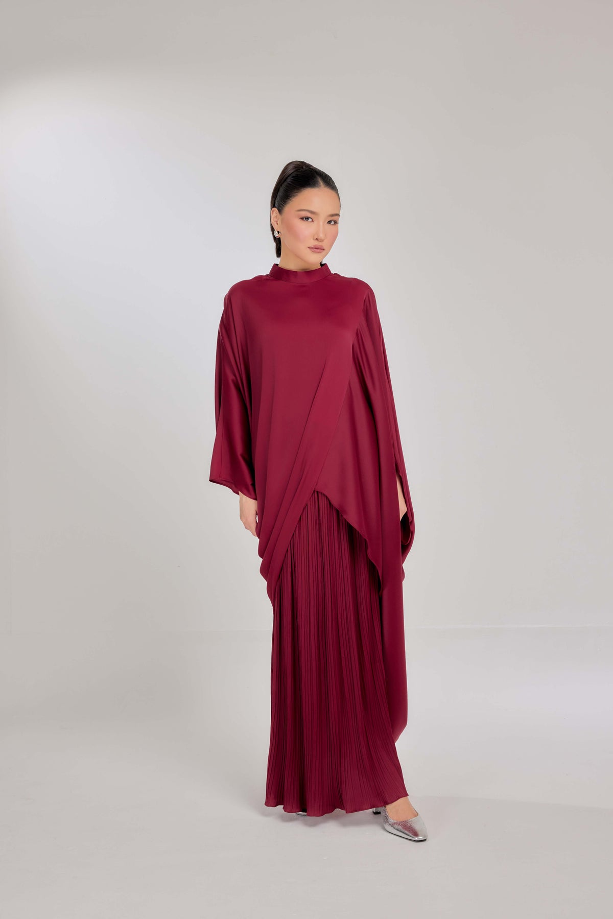 16 - Blood Maroon - Chanela Full Sleeve Kurung with Pleated Skirt Set