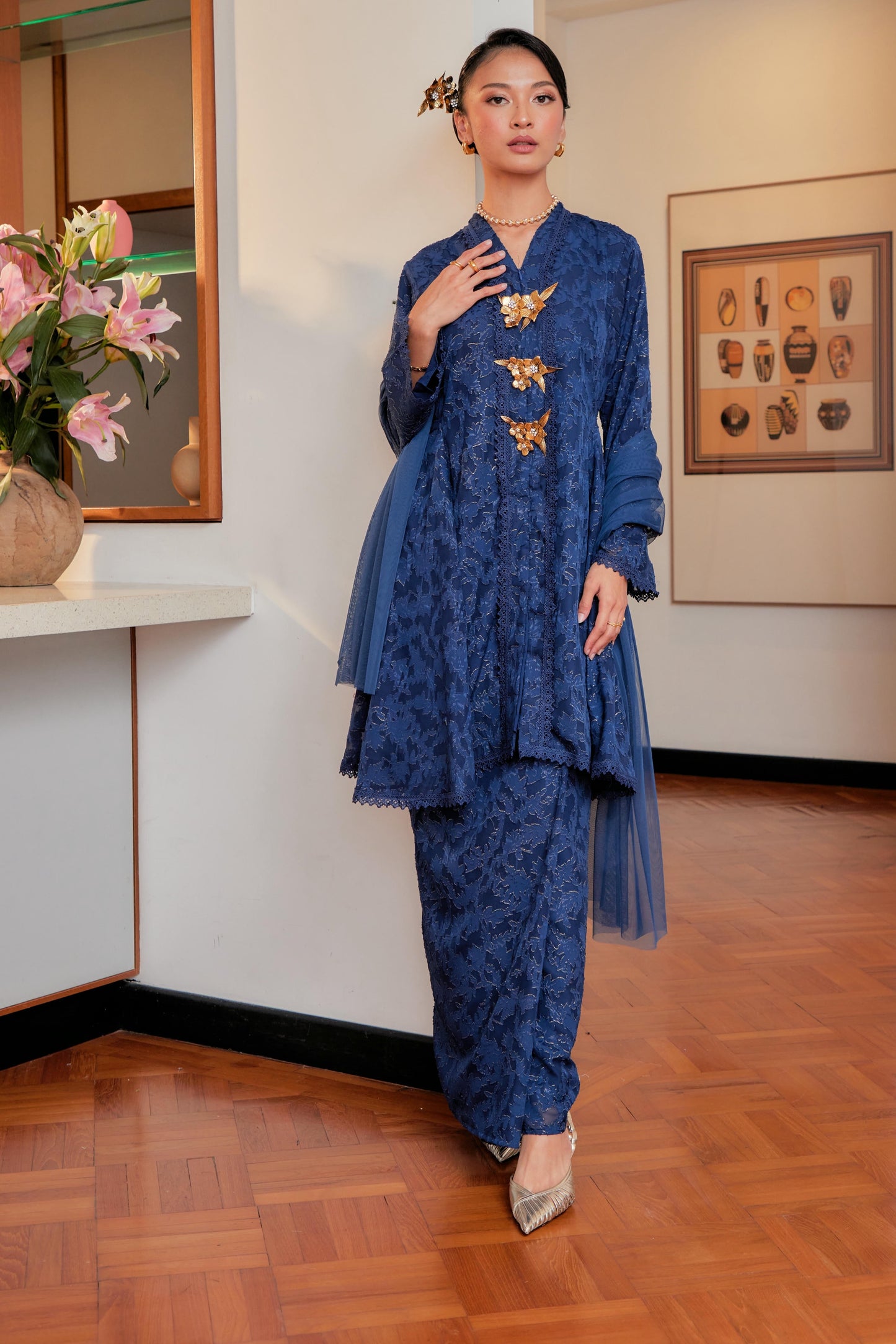 Royal Navy - Jacquard Lace Kebaya Riau Set (Full Lining)