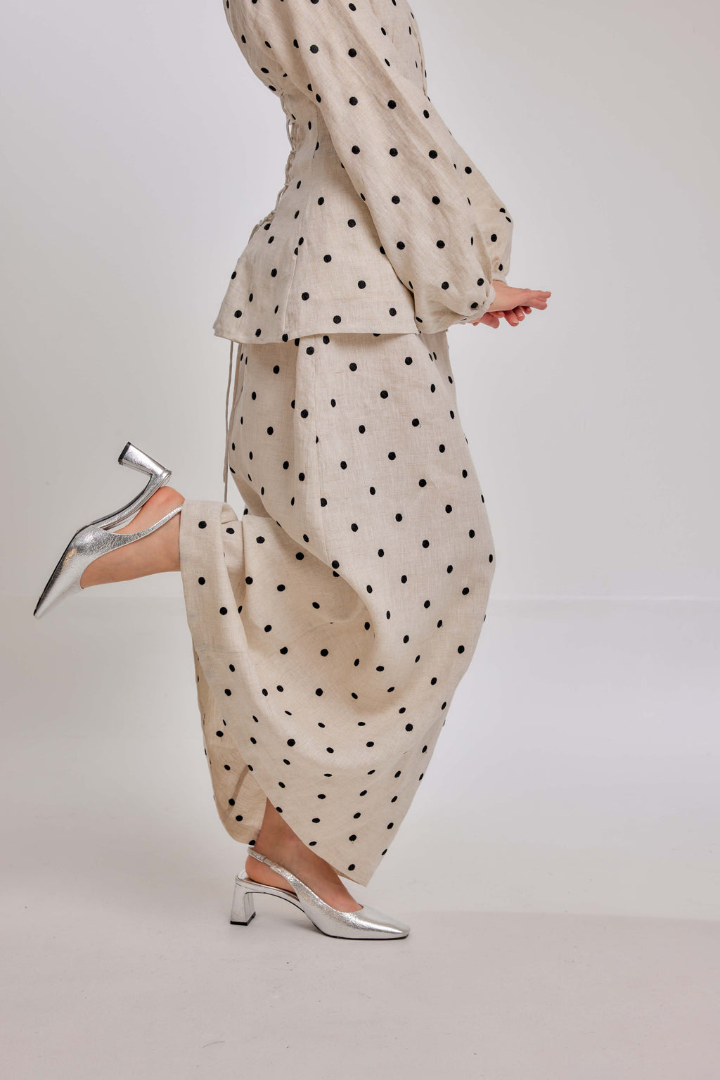03 - Embroidered Polka Dot Pure Linen Skirt in Oatmeal & Onyx