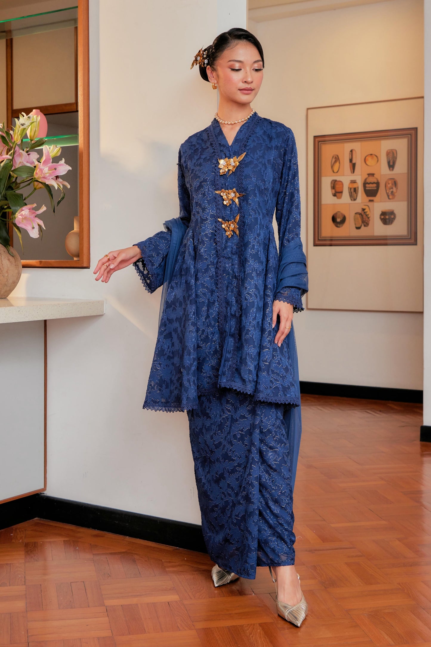 Royal Navy - Jacquard Lace Kebaya Riau Set (Full Lining)