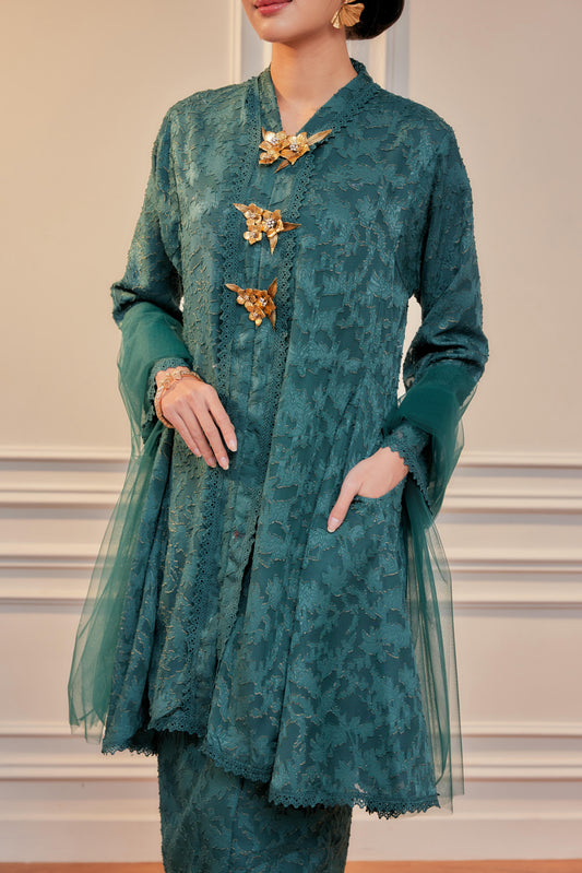 Emerald Green - Jacquard Lace Kebaya Riau Set (Full Lining)