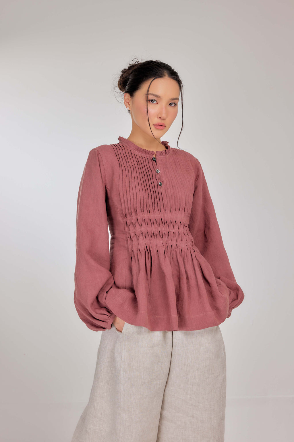 08 - Memento Pleated Lace-Up Pure Linen Top in Bold Punch
