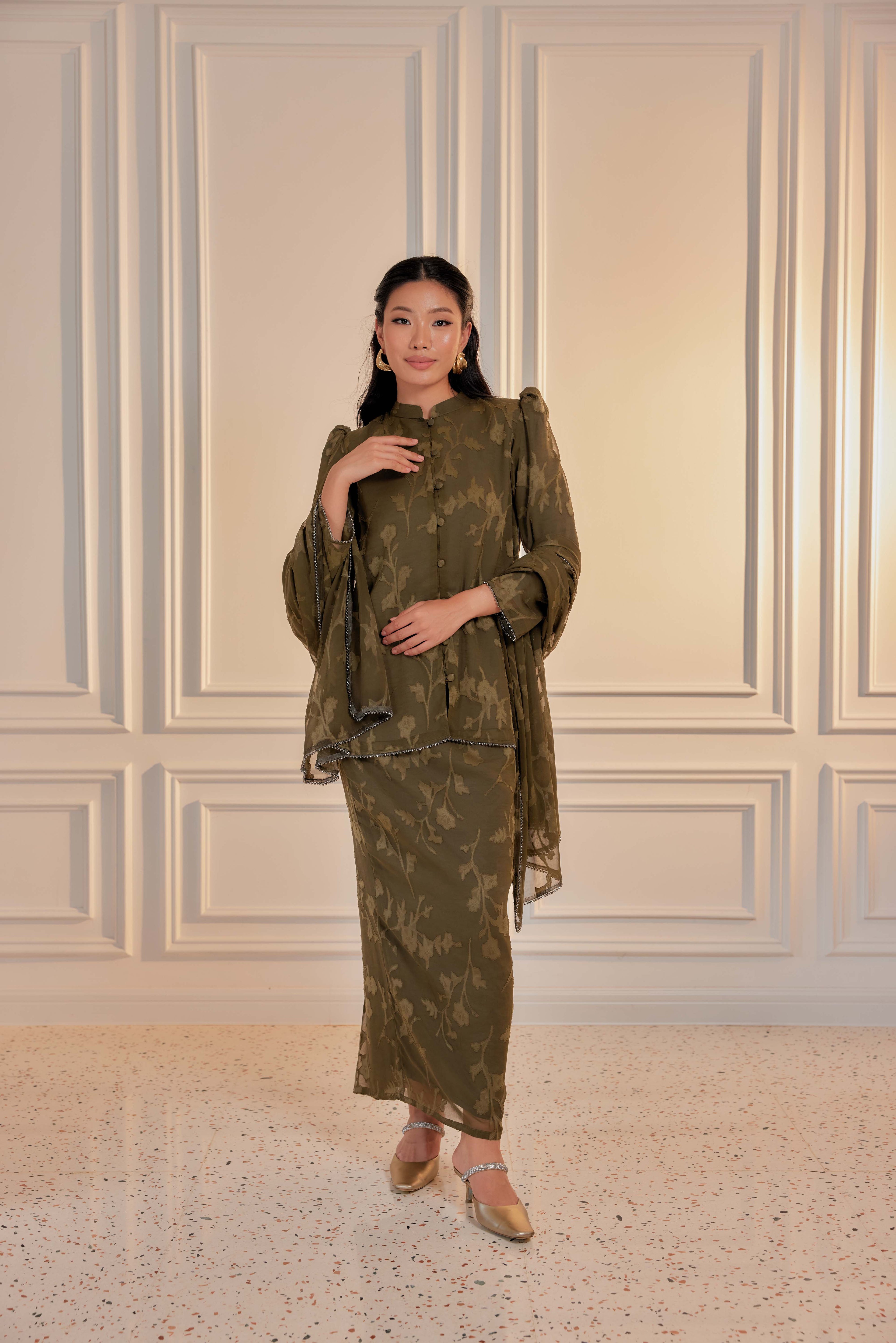 Indah Pelangi Kebarung in Hijau Zaitun – The Beaded Edition, Fully Lined