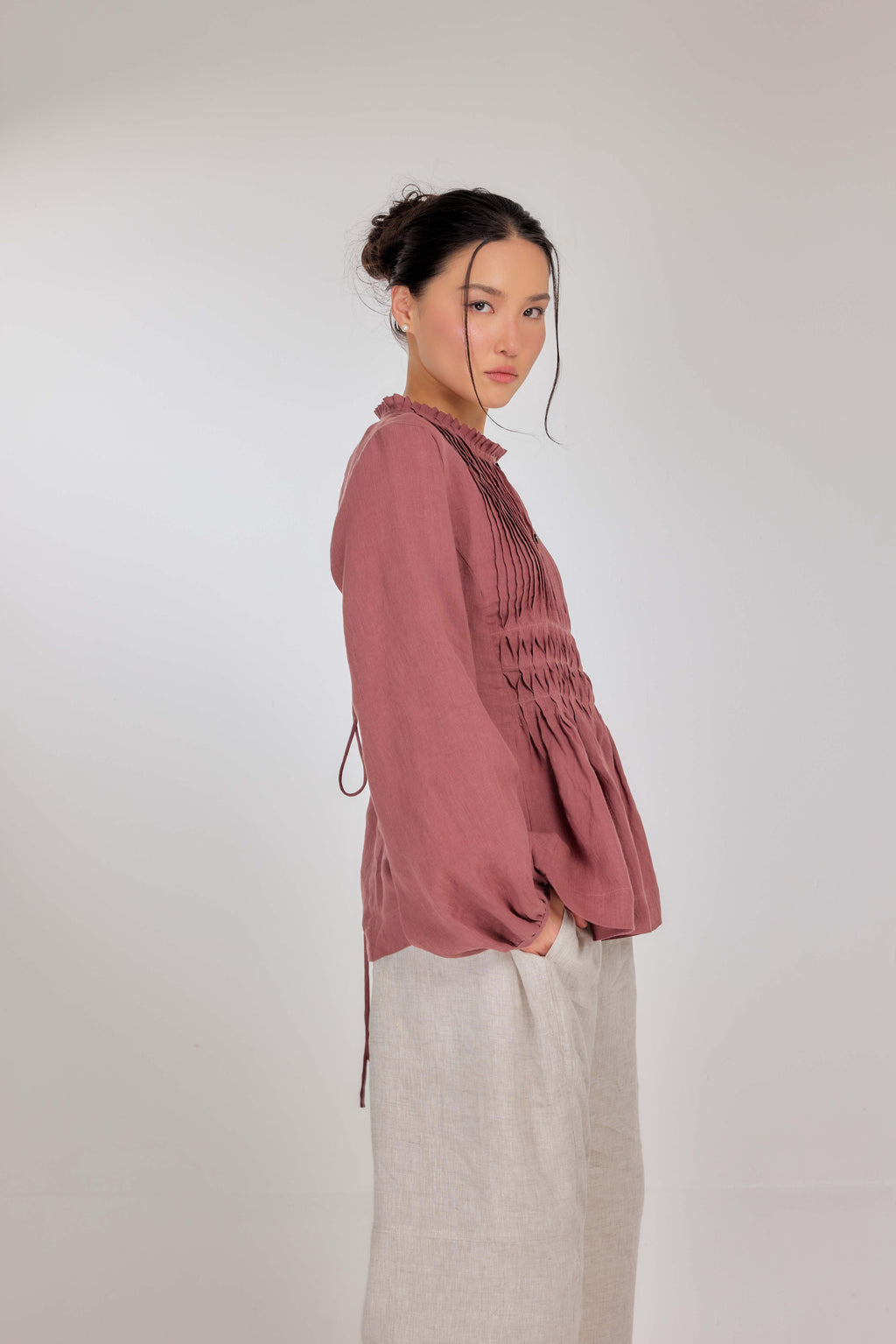 08 - Memento Pleated Lace-Up Pure Linen Top in Bold Punch