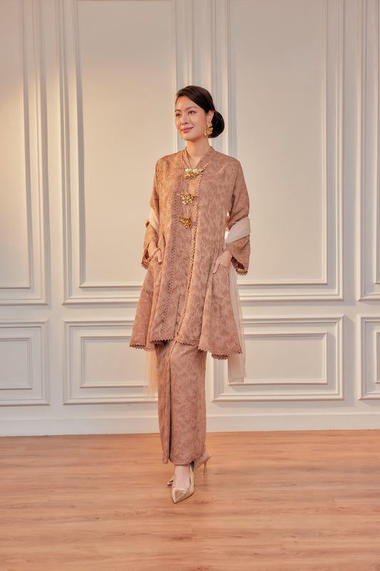 Mocha Mousse - Jacquard Lace Kebaya Riau Set (Full Lining)