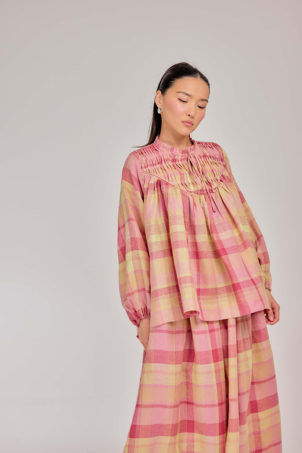02 - The Heirloom Wave-Pleated Pure Linen Blouse in Strawberry Lemonade Plaid