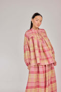 02 - The Heirloom Wave-Pleated Pure Linen Blouse in Strawberry Lemonade Plaid