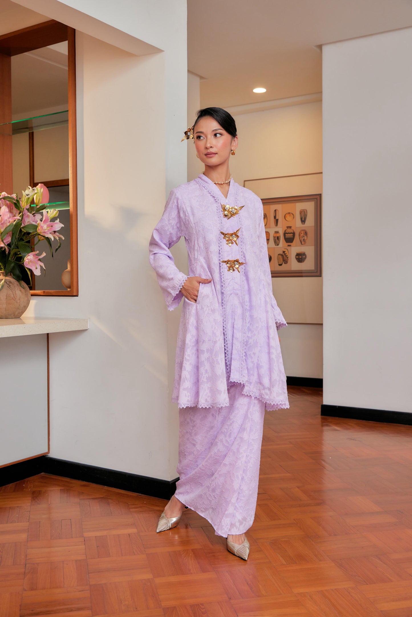 Fairy Lilac - Jacquard Lace Kebaya Riau Set (Full Lining)