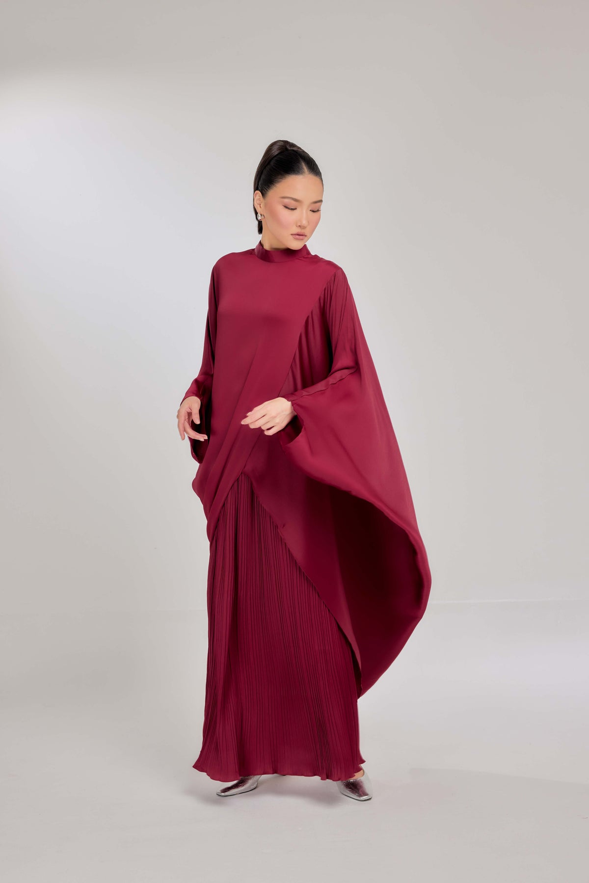 16 - Blood Maroon - Chanela Full Sleeve Kurung with Pleated Skirt Set
