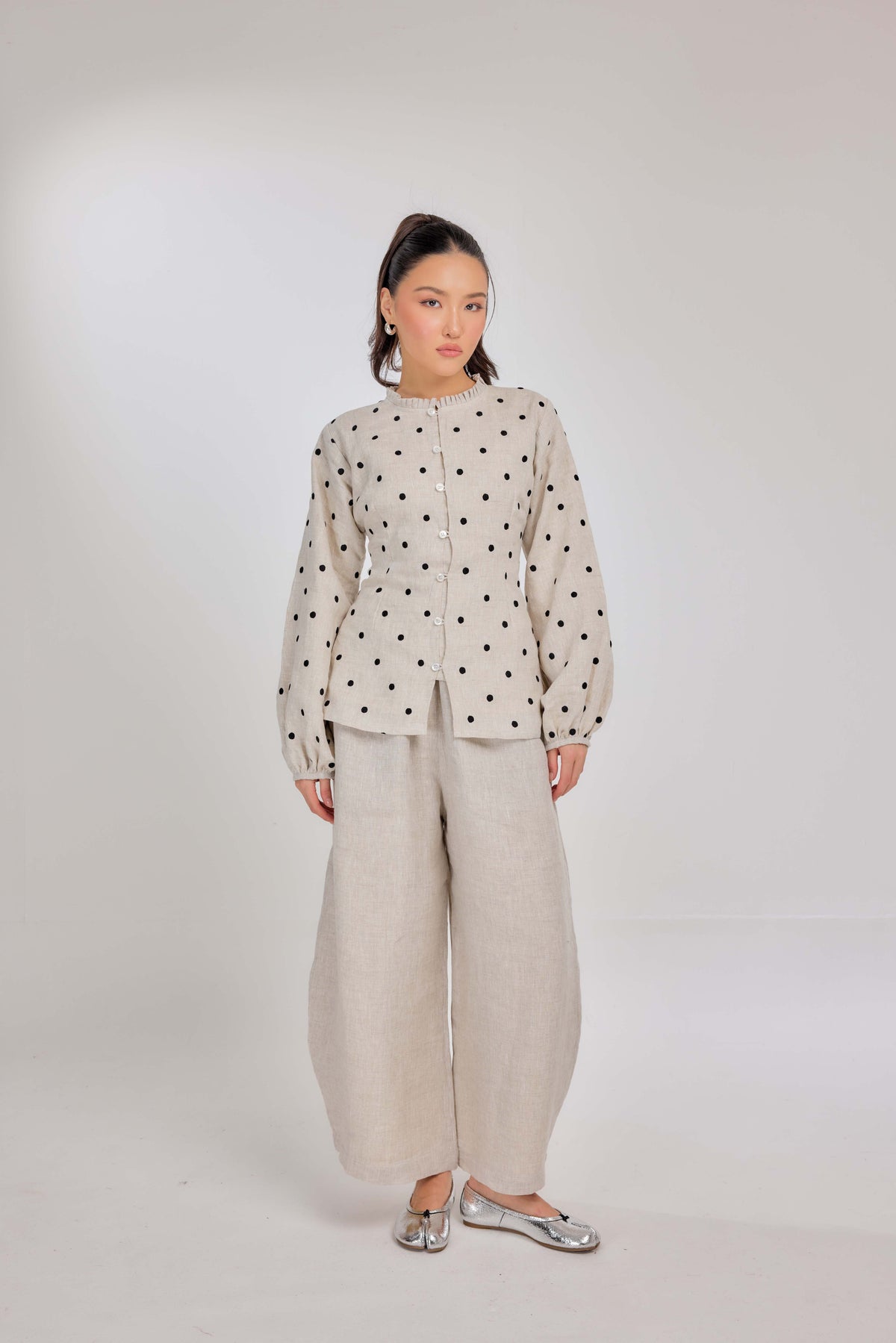 04 - Embroidered Polka Dot Pure Grand Tralala Top in Oatmeal & Onyx