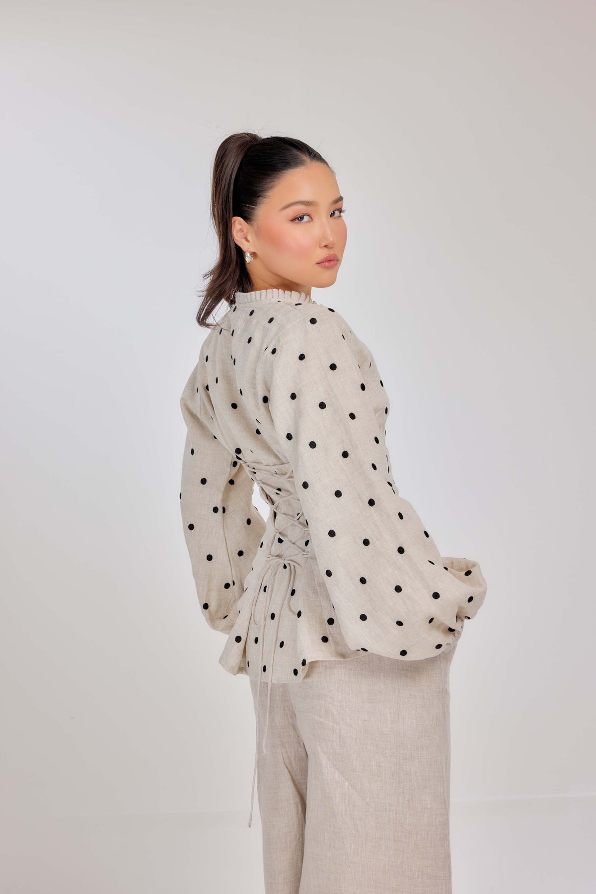 04 - Embroidered Polka Dot Pure Grand Tralala Top in Oatmeal & Onyx