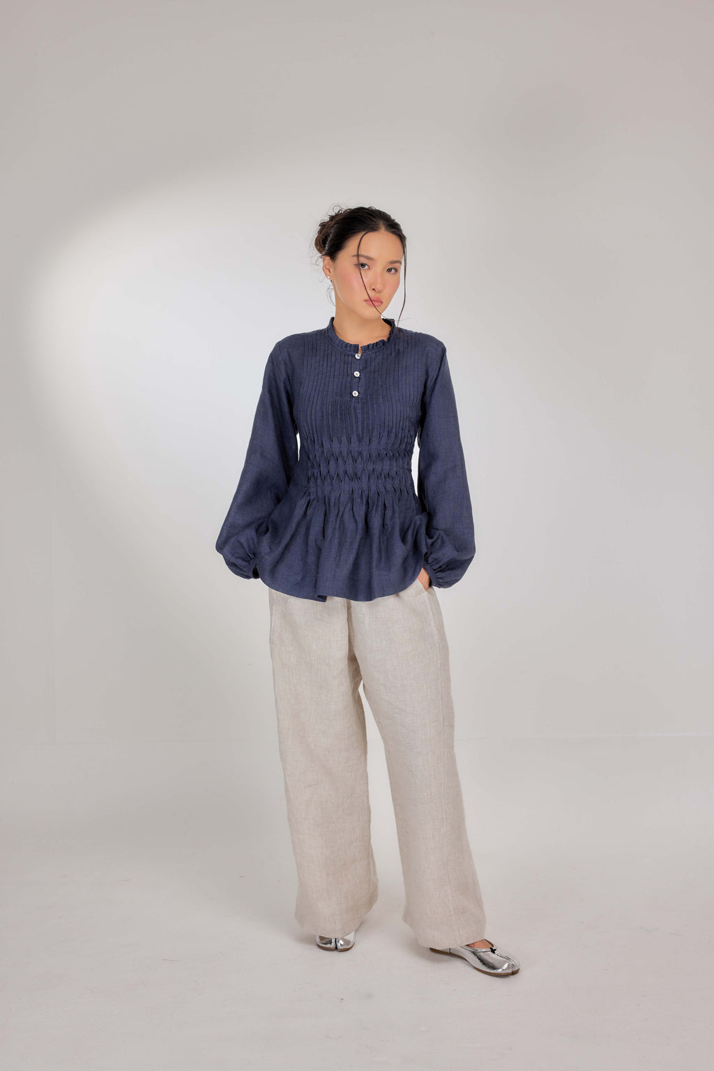 12 - Memento Pleated Lace-Up Pure Linen Top in Denim Dimension