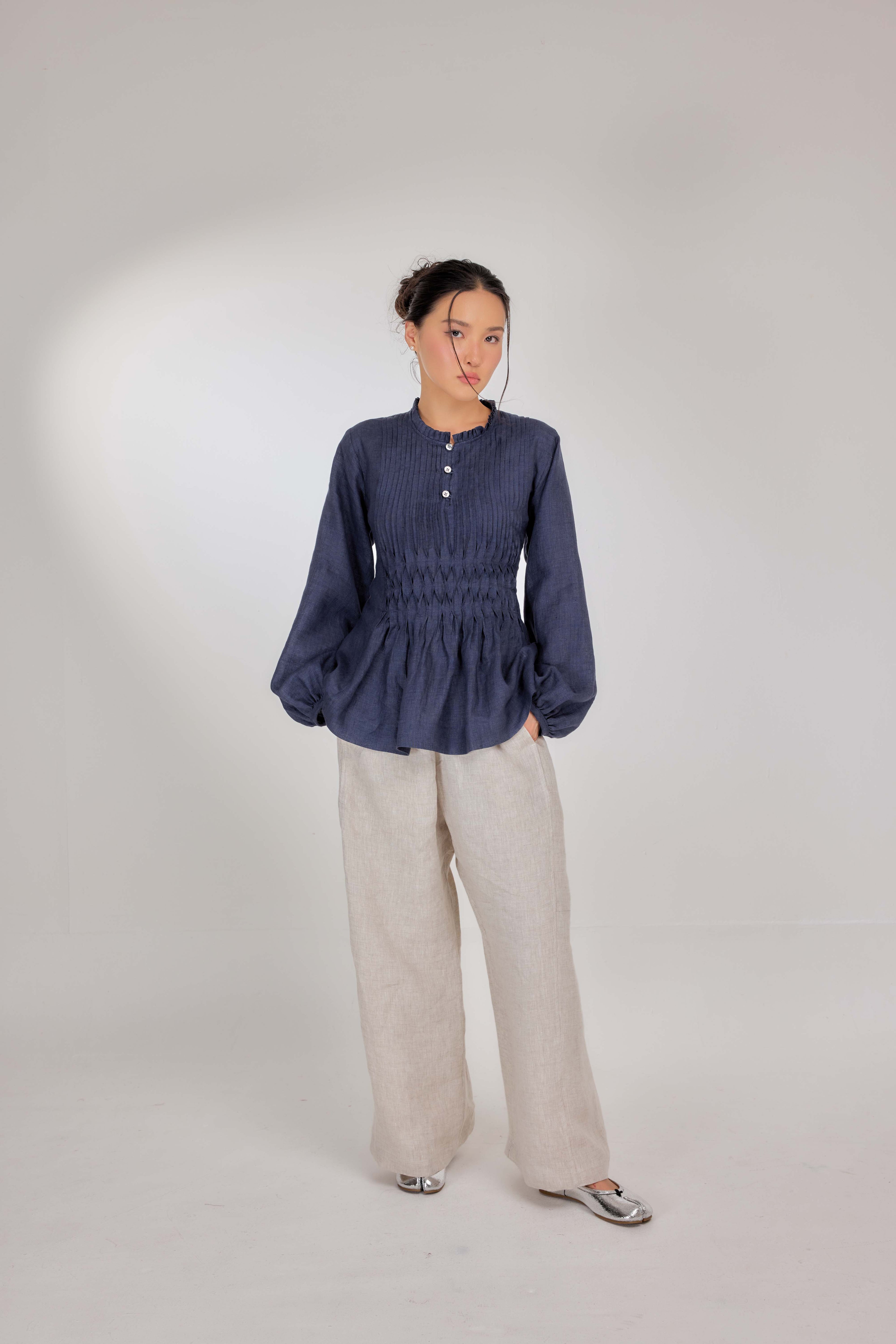 12 - Memento Pleated Lace-Up Pure Linen Top in Denim Dimension