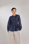 12 - Memento Pleated Lace-Up Pure Linen Top in Denim Dimension