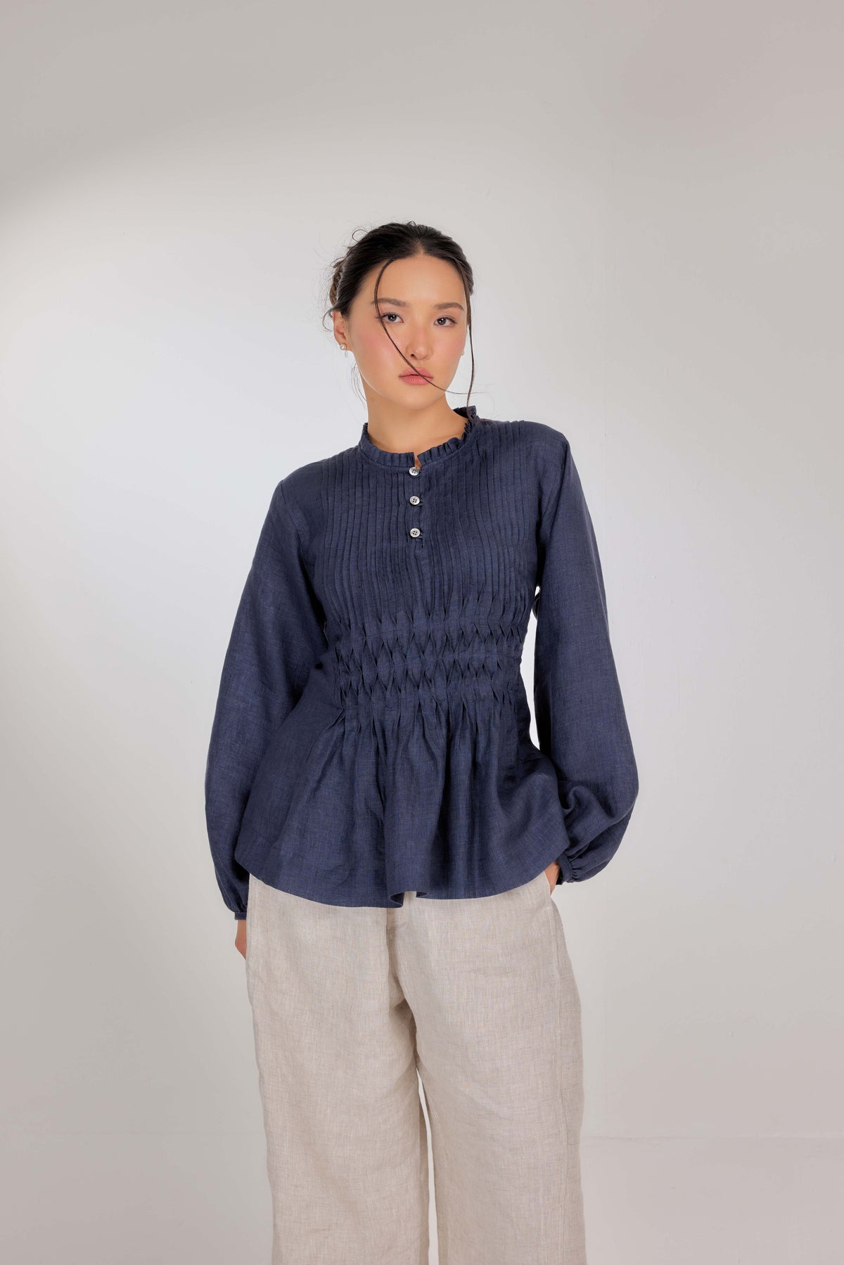 12 - Memento Pleated Lace-Up Pure Linen Top in Denim Dimension