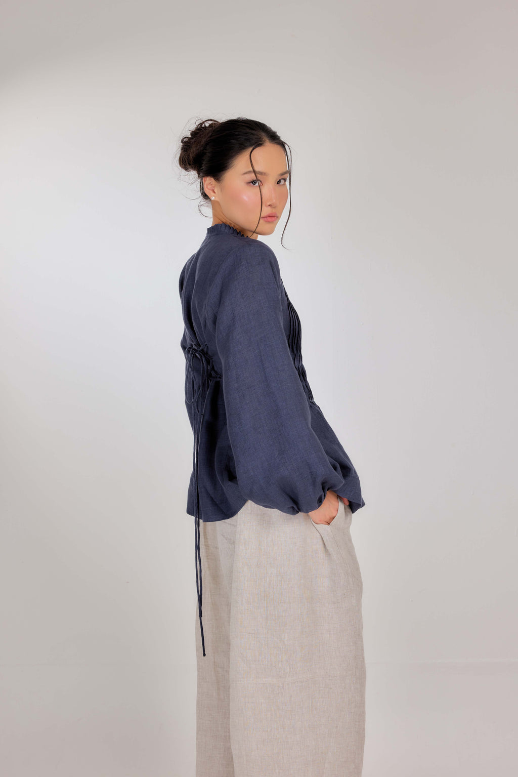 12 - Memento Pleated Lace-Up Pure Linen Top in Denim Dimension