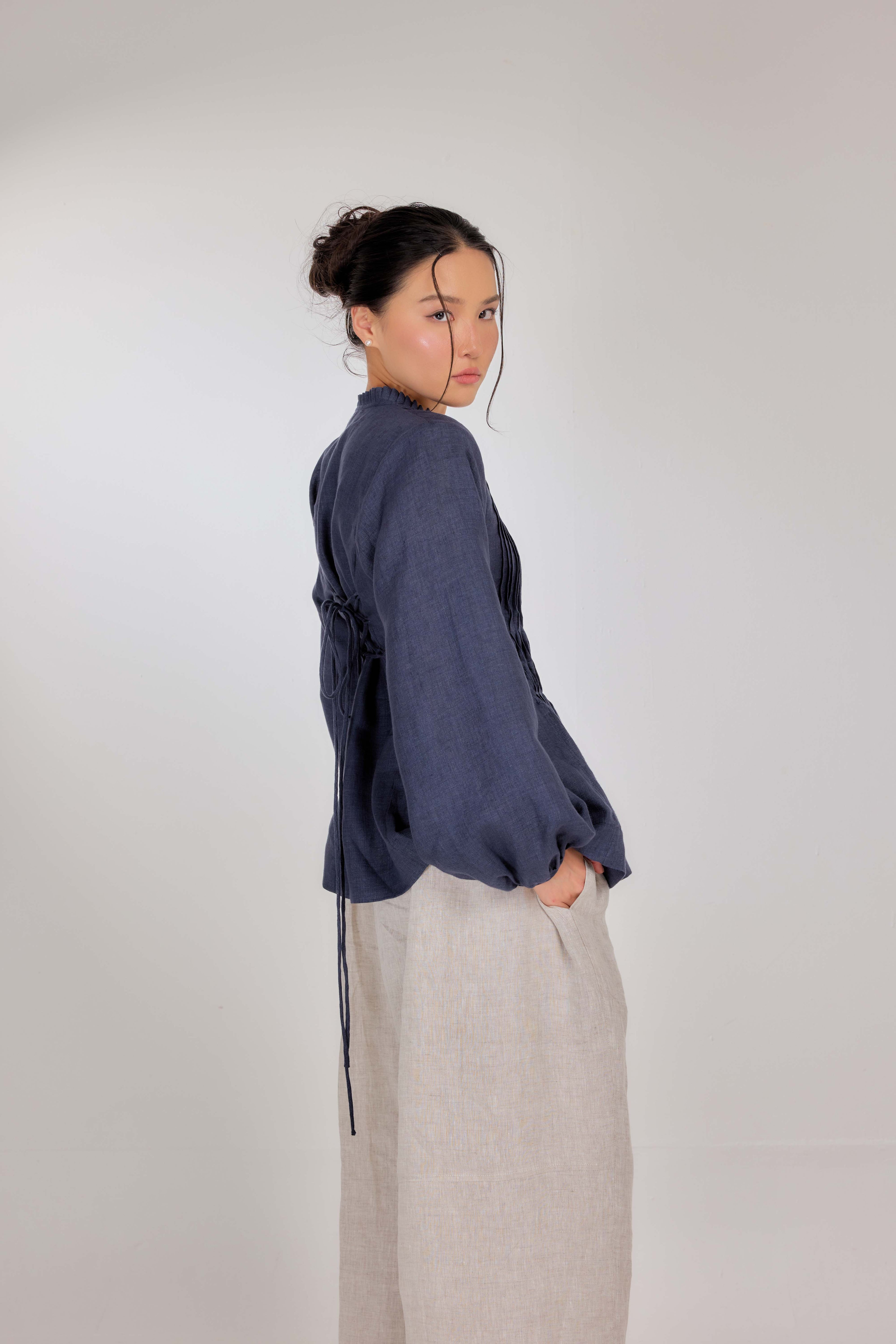 12 - Memento Pleated Lace-Up Pure Linen Top in Denim Dimension