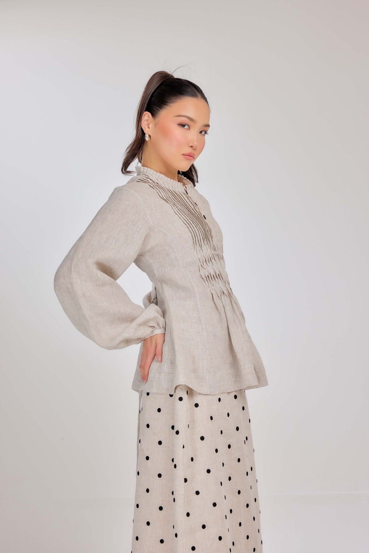 15 - Memento Pleated Lace-Up Micro-Check Pure Linen Top in Natural Flax