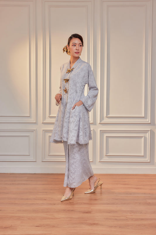 Silver Grey - Jacquard Lace Kebaya Riau Set (Full Lining)