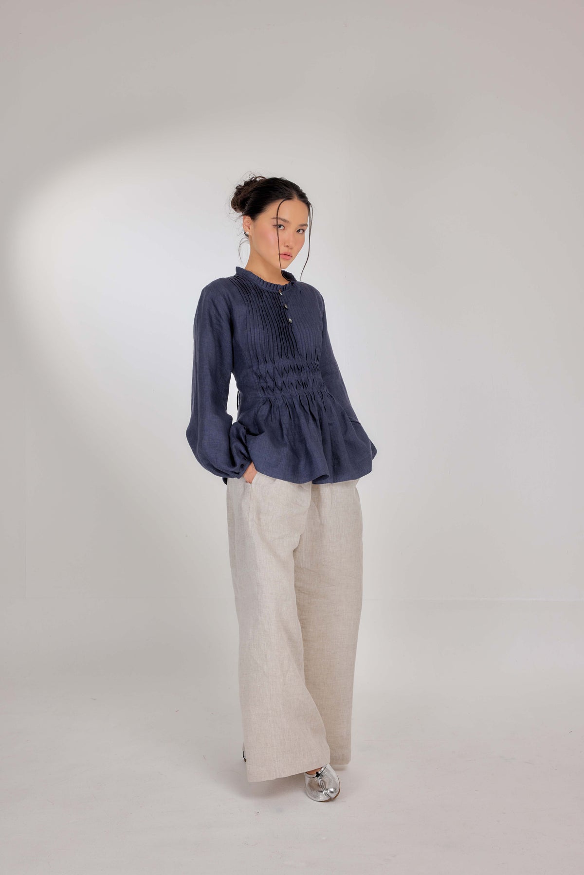 12 - Memento Pleated Lace-Up Pure Linen Top in Denim Dimension