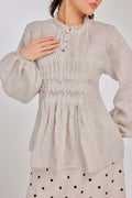 15 - Memento Pleated Lace-Up Micro-Check Pure Linen Top in Natural Flax