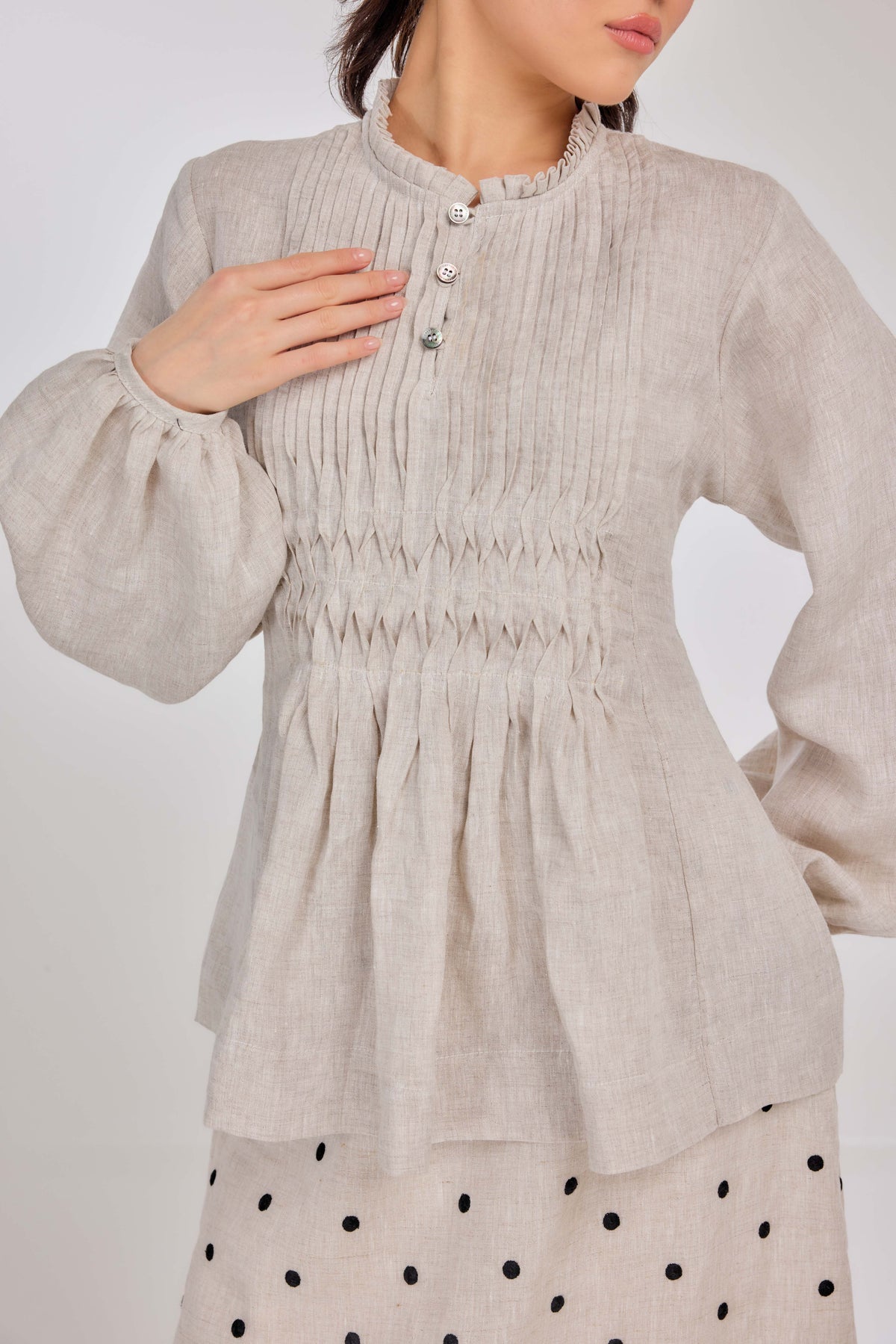 15 - Memento Pleated Lace-Up Micro-Check Pure Linen Top in Natural Flax