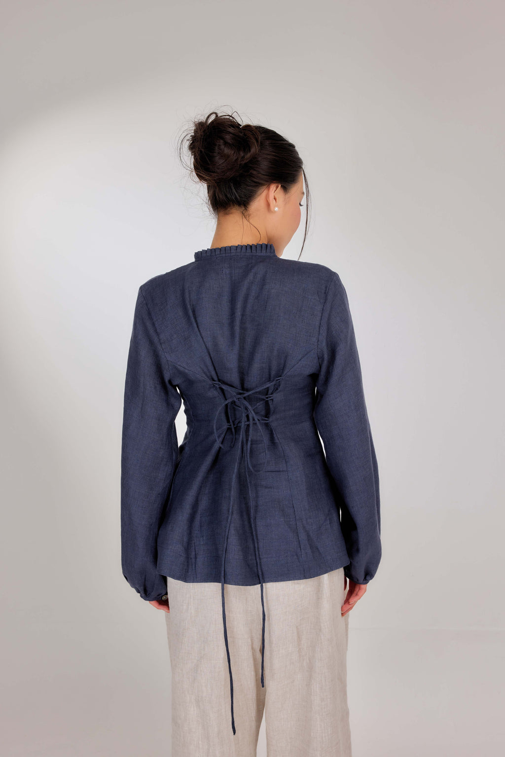 12 - Memento Pleated Lace-Up Pure Linen Top in Denim Dimension