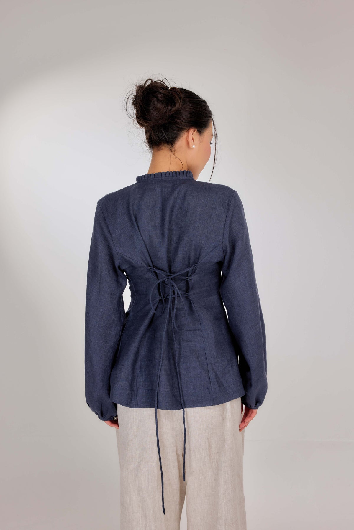 12 - Memento Pleated Lace-Up Pure Linen Top in Denim Dimension