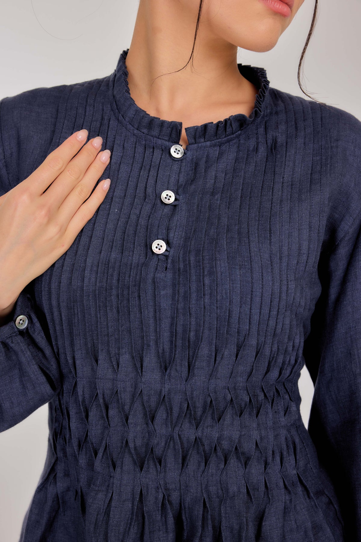 12 - Memento Pleated Lace-Up Pure Linen Top in Denim Dimension