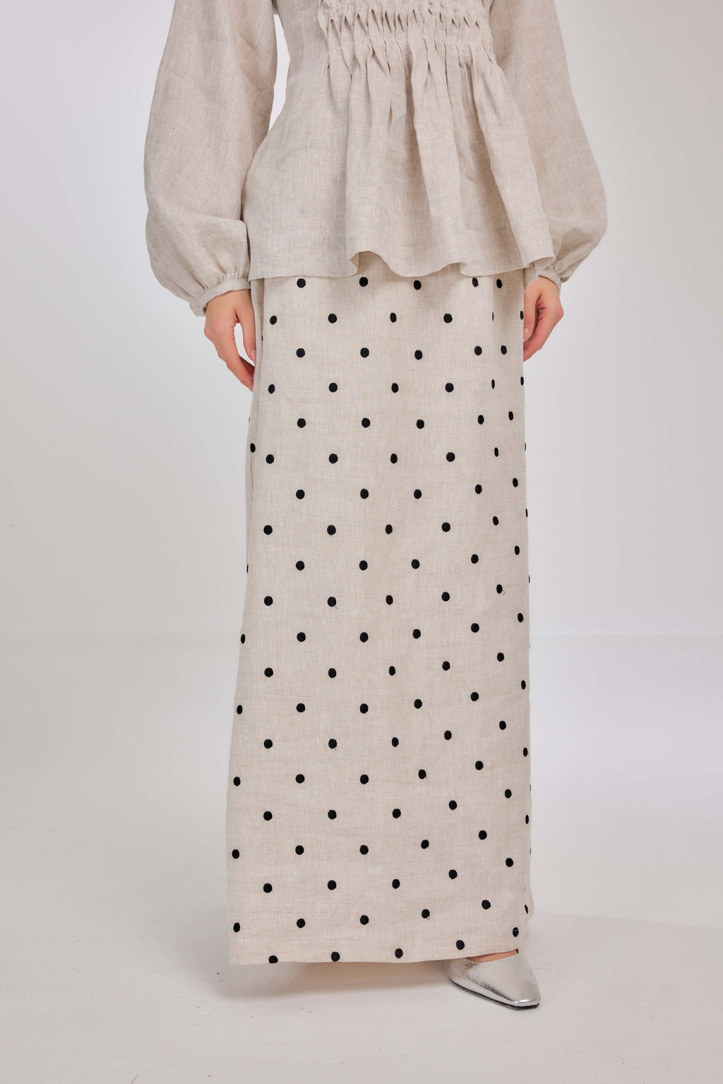 03 - Embroidered Polka Dot Pure Linen Skirt in Oatmeal & Onyx