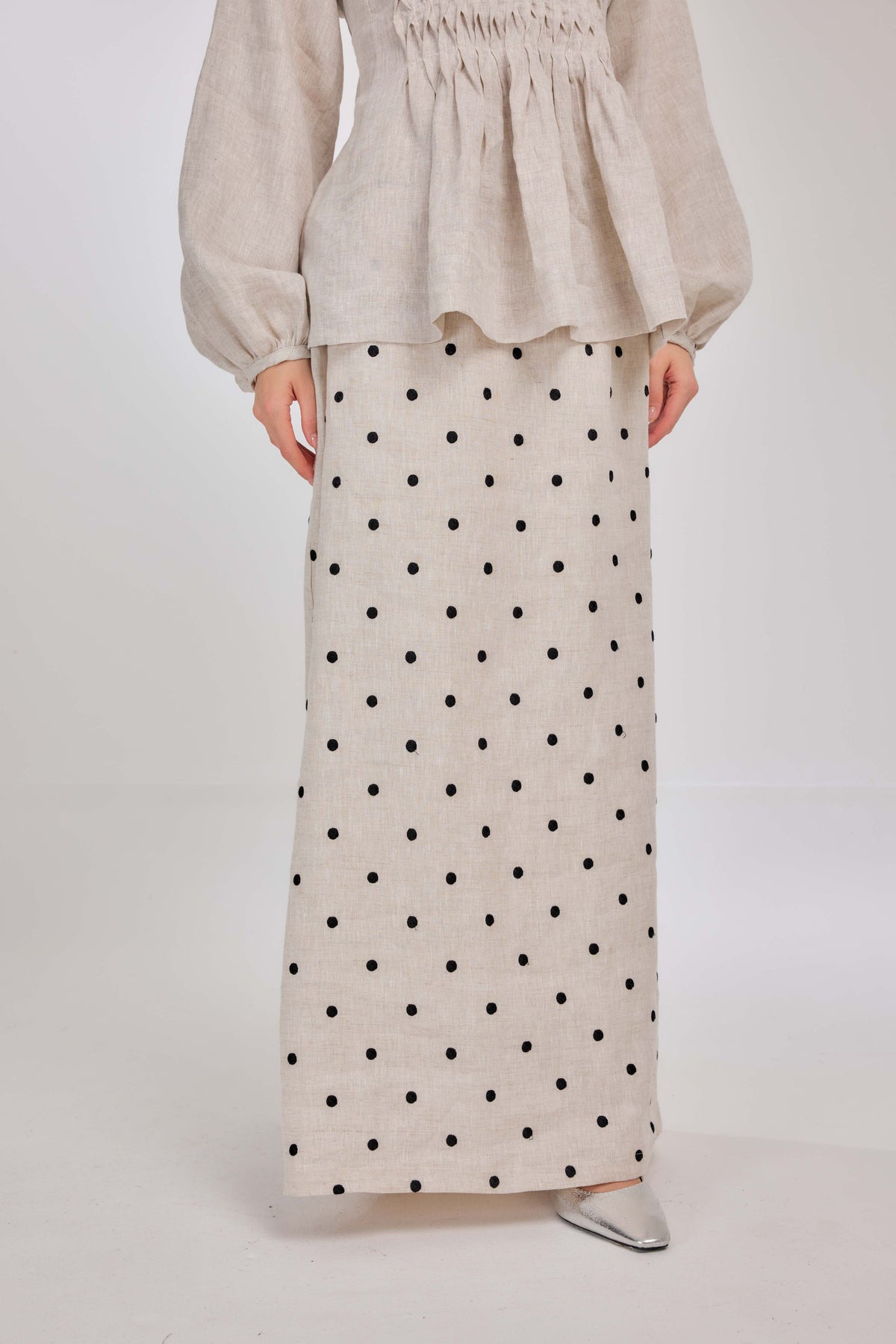 03 - Embroidered Polka Dot Pure Linen Skirt in Oatmeal & Onyx