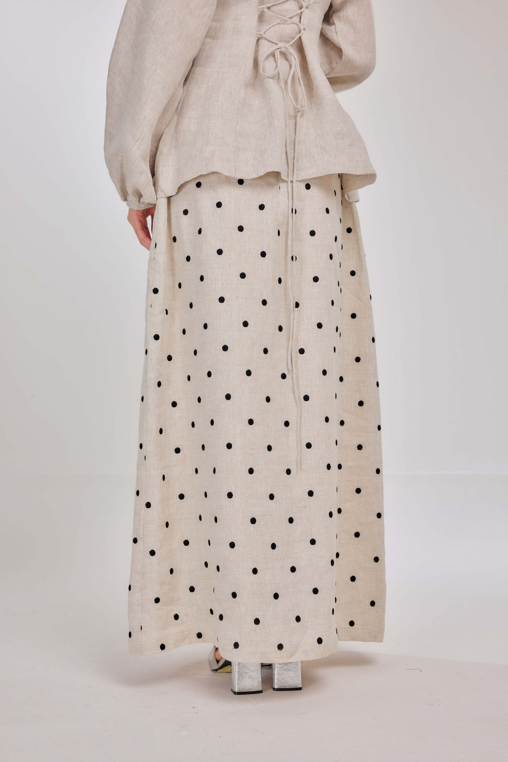03 - Embroidered Polka Dot Pure Linen Skirt in Oatmeal & Onyx