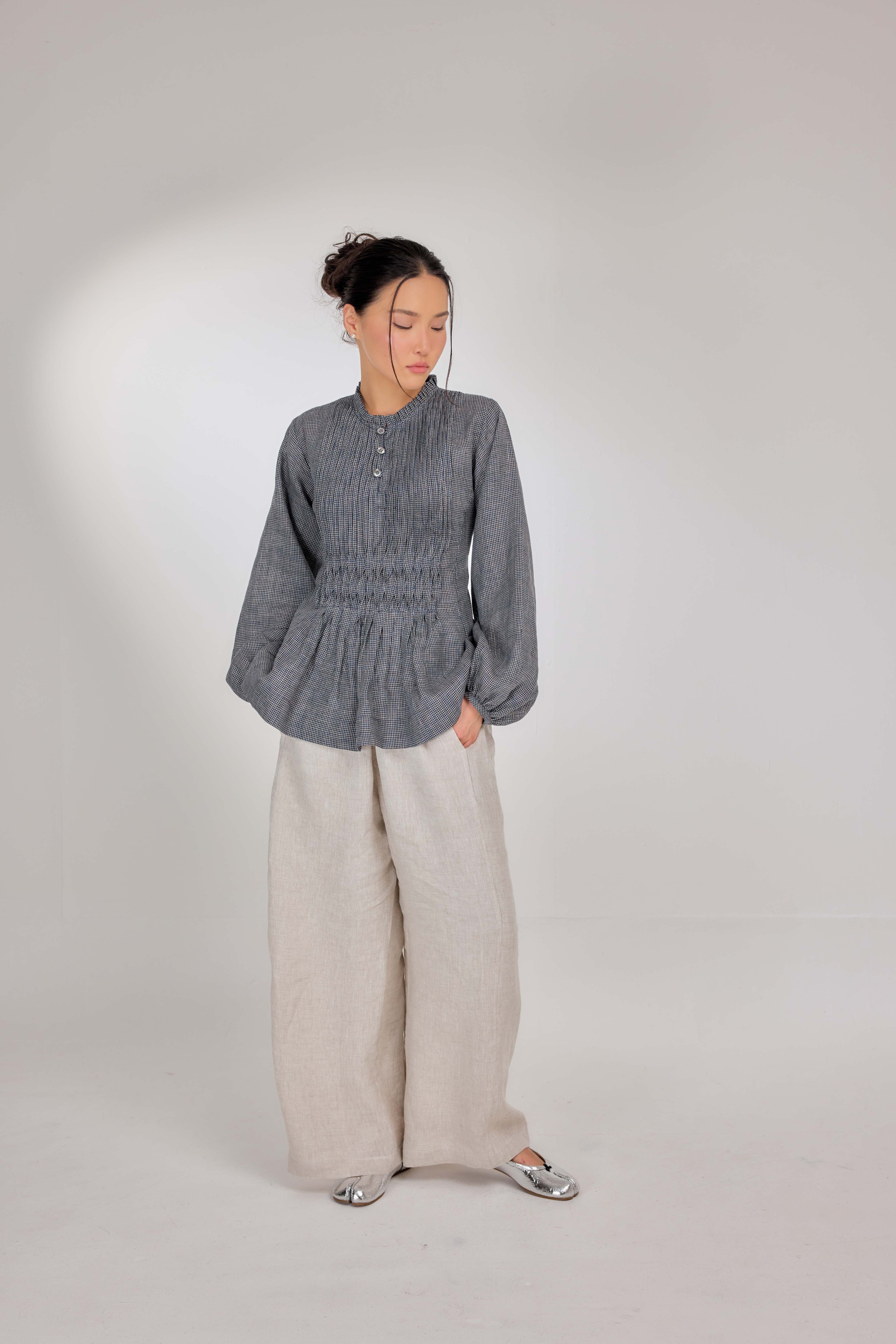 14 - Memento Pleated Lace-Up Micro-Check Pure Linen Top in Graphite