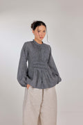 14 - Memento Pleated Lace-Up Micro-Check Pure Linen Top in Graphite