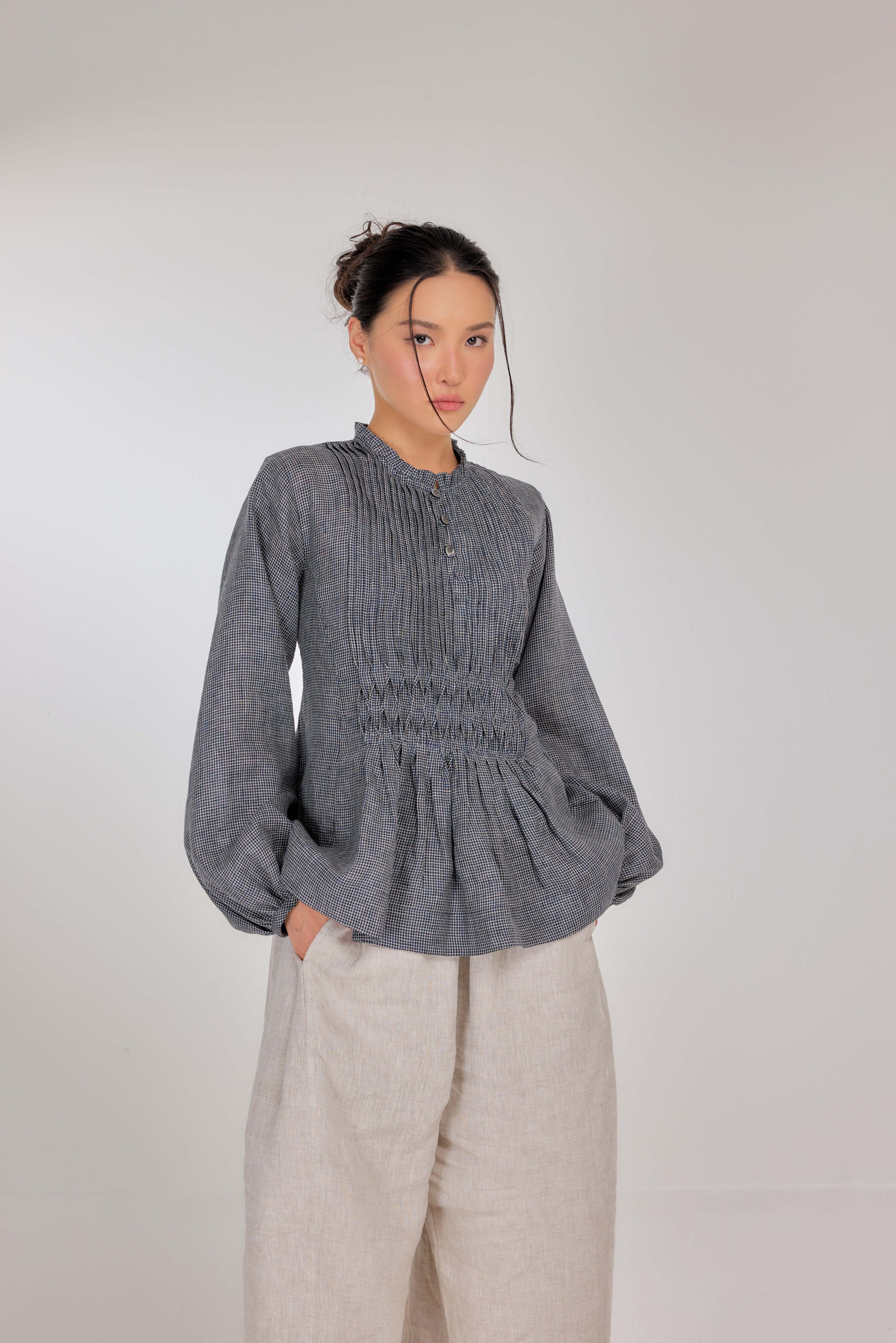 14 - Memento Pleated Lace-Up Micro-Check Pure Linen Top in Graphite
