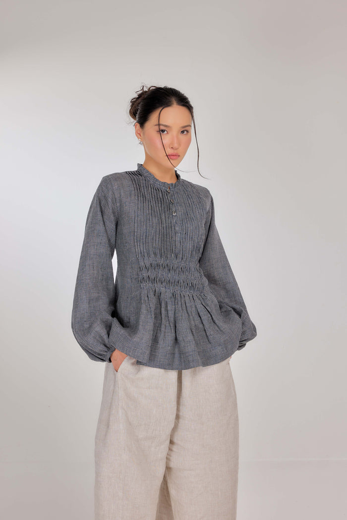 14 - Memento Pleated Lace-Up Micro-Check Pure Linen Top in Graphite