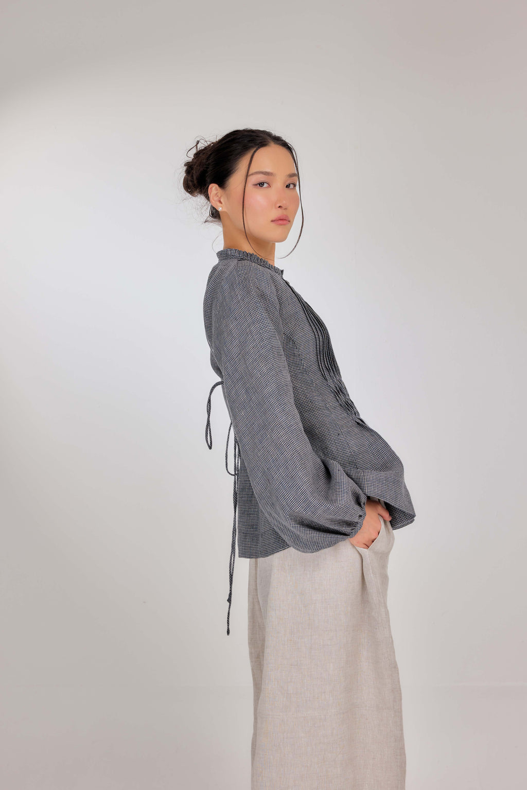 14 - Memento Pleated Lace-Up Micro-Check Pure Linen Top in Graphite
