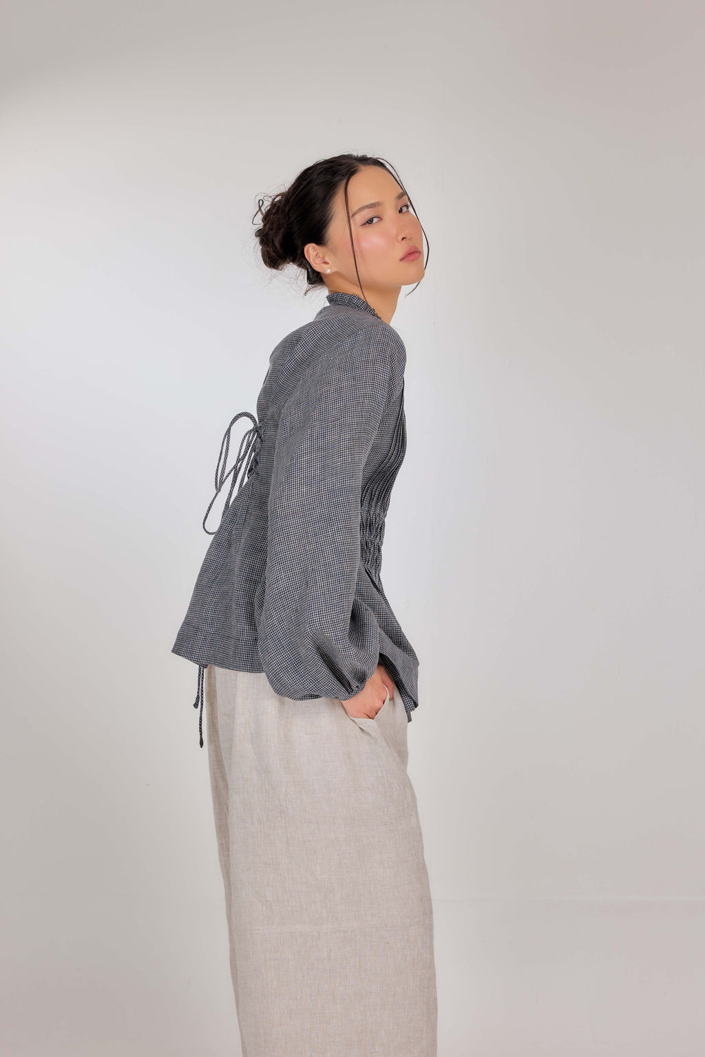 14 - Memento Pleated Lace-Up Micro-Check Pure Linen Top in Graphite