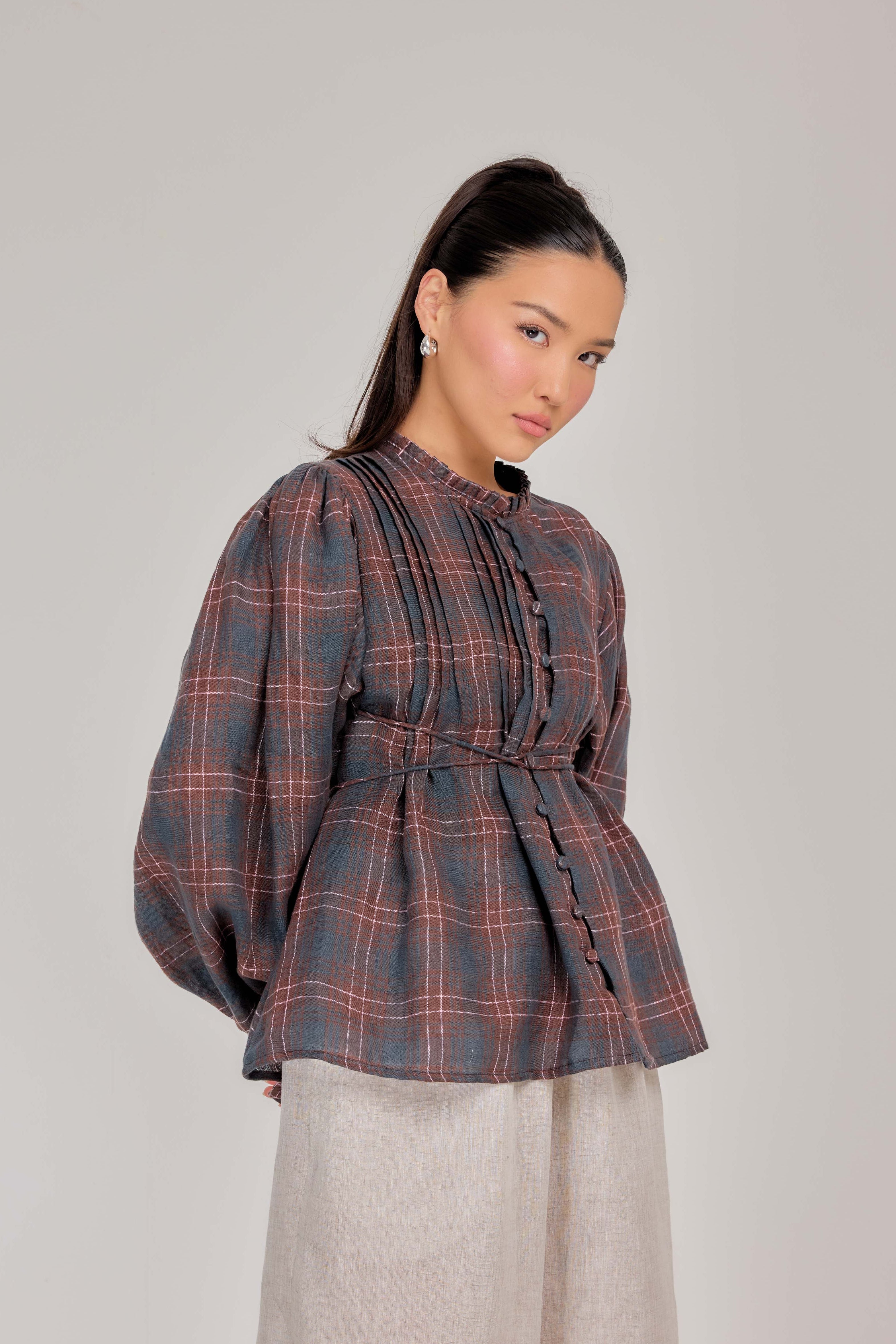 01 - The Daydream Pure Tie-Waist Linen Top in Scottish Plaid