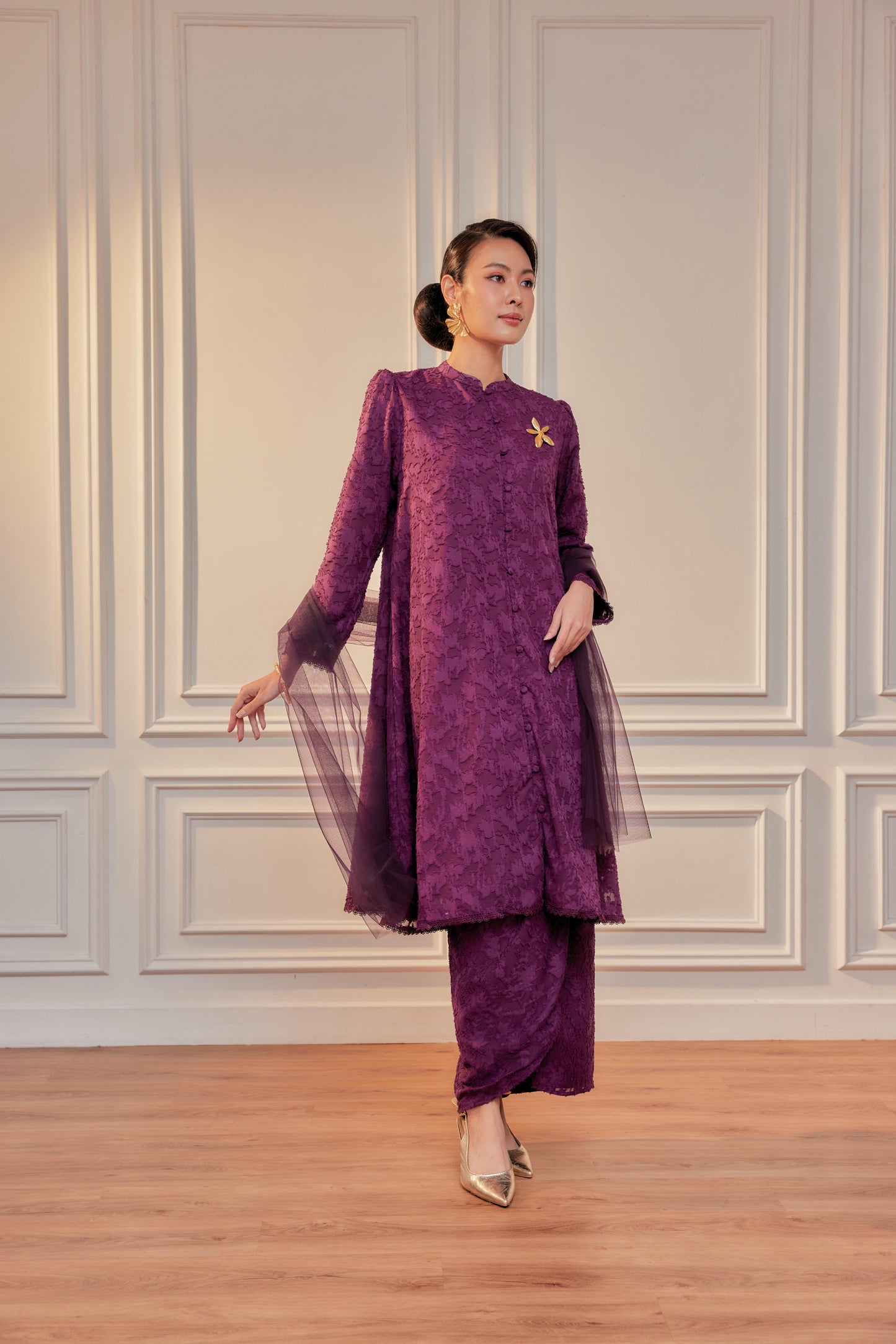 Purple Magenta - Dewita Jacquard Lace Kebarung with Front Buttons Set (Fully Lined)