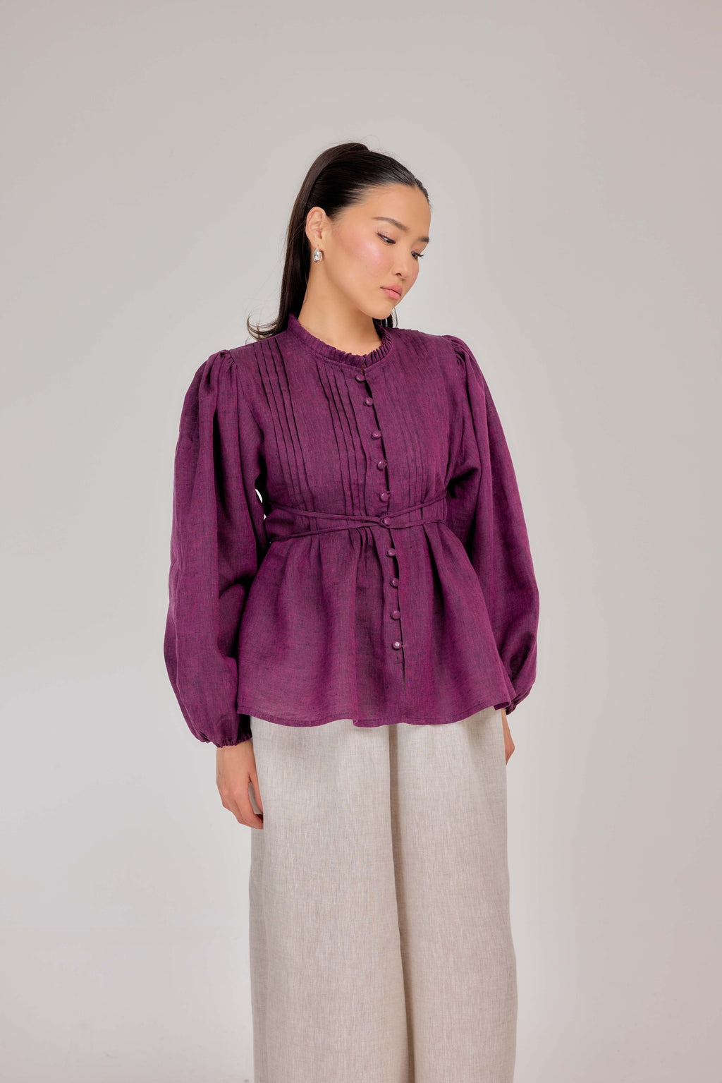 06 - The Daydream Tie-Waist Mélange Pure Linen Top in Mulberry