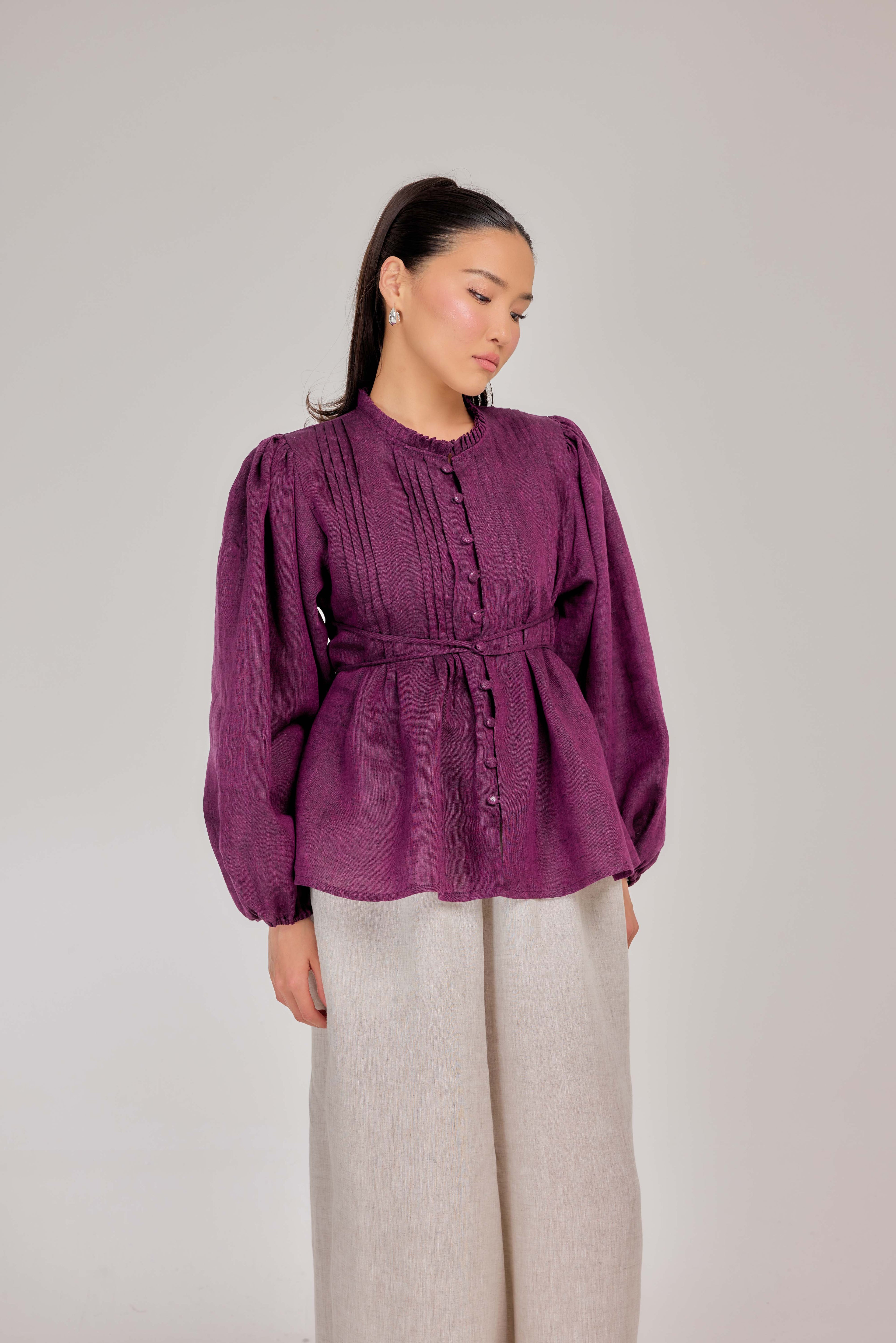 06 - The Daydream Tie-Waist Mélange Pure Linen Top in Mulberry