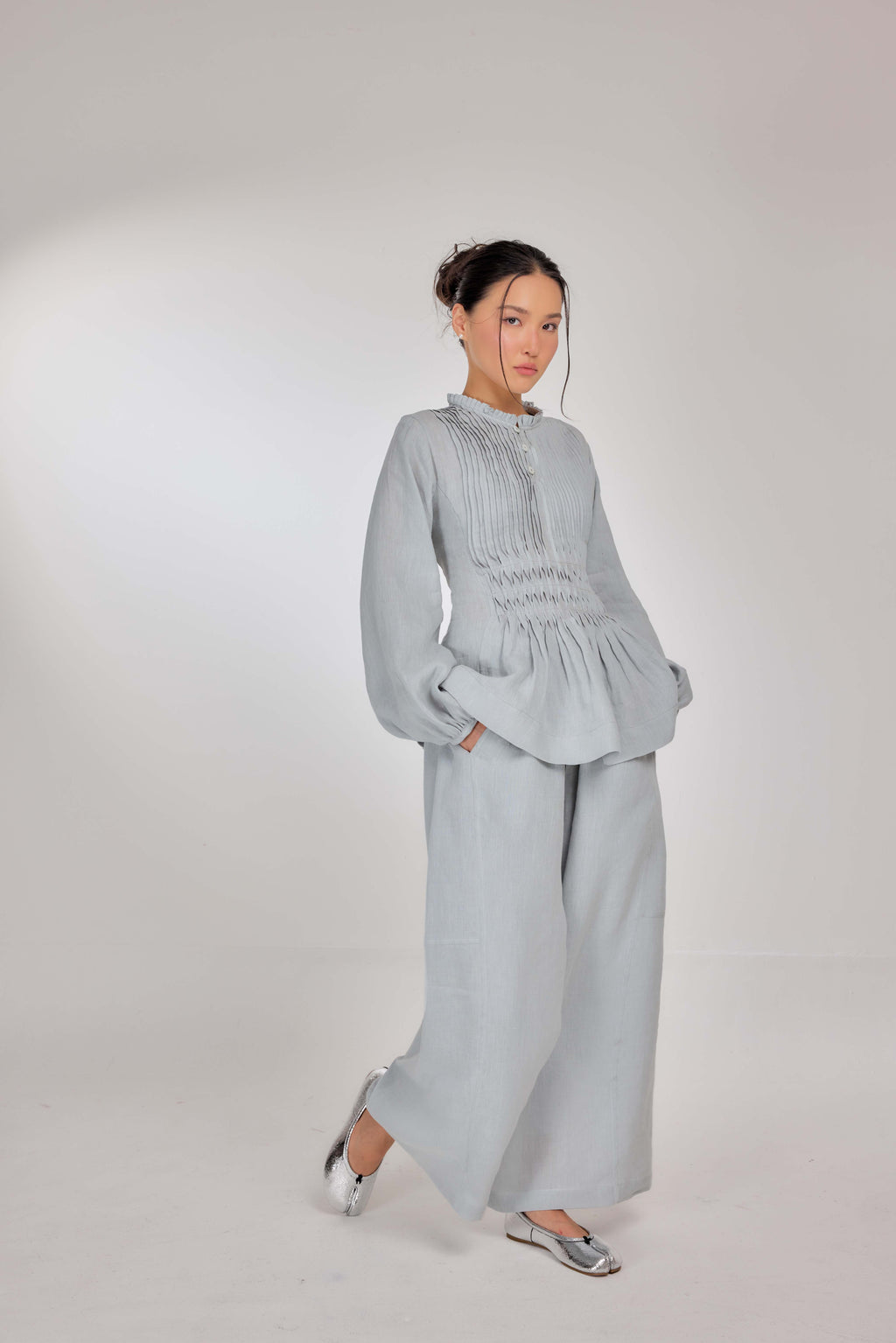 04 - Memento Pleated Lace-Up Pure Linen Top in Sugarmint