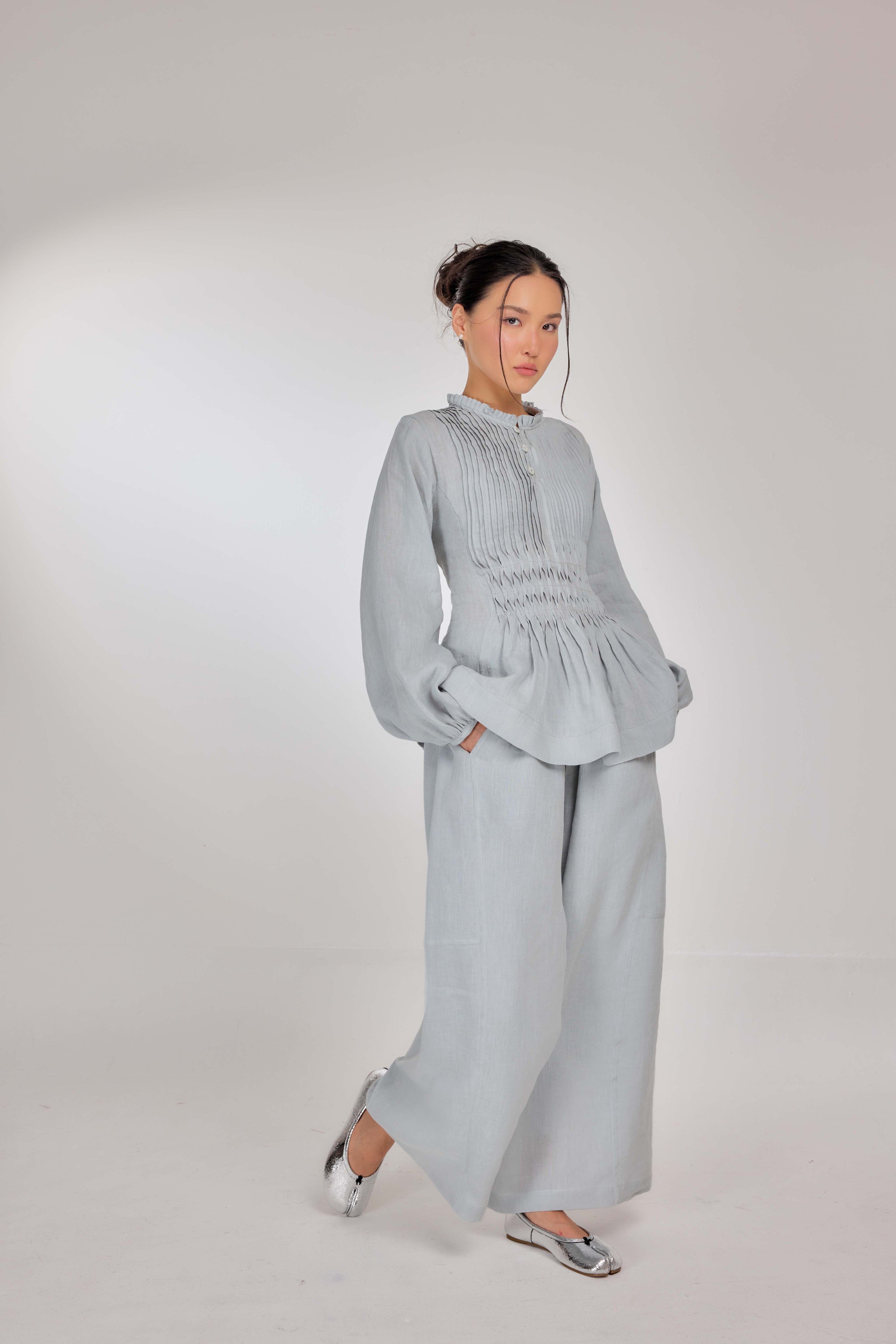 04 - Memento Pleated Lace-Up Pure Linen Top in Sugarmint