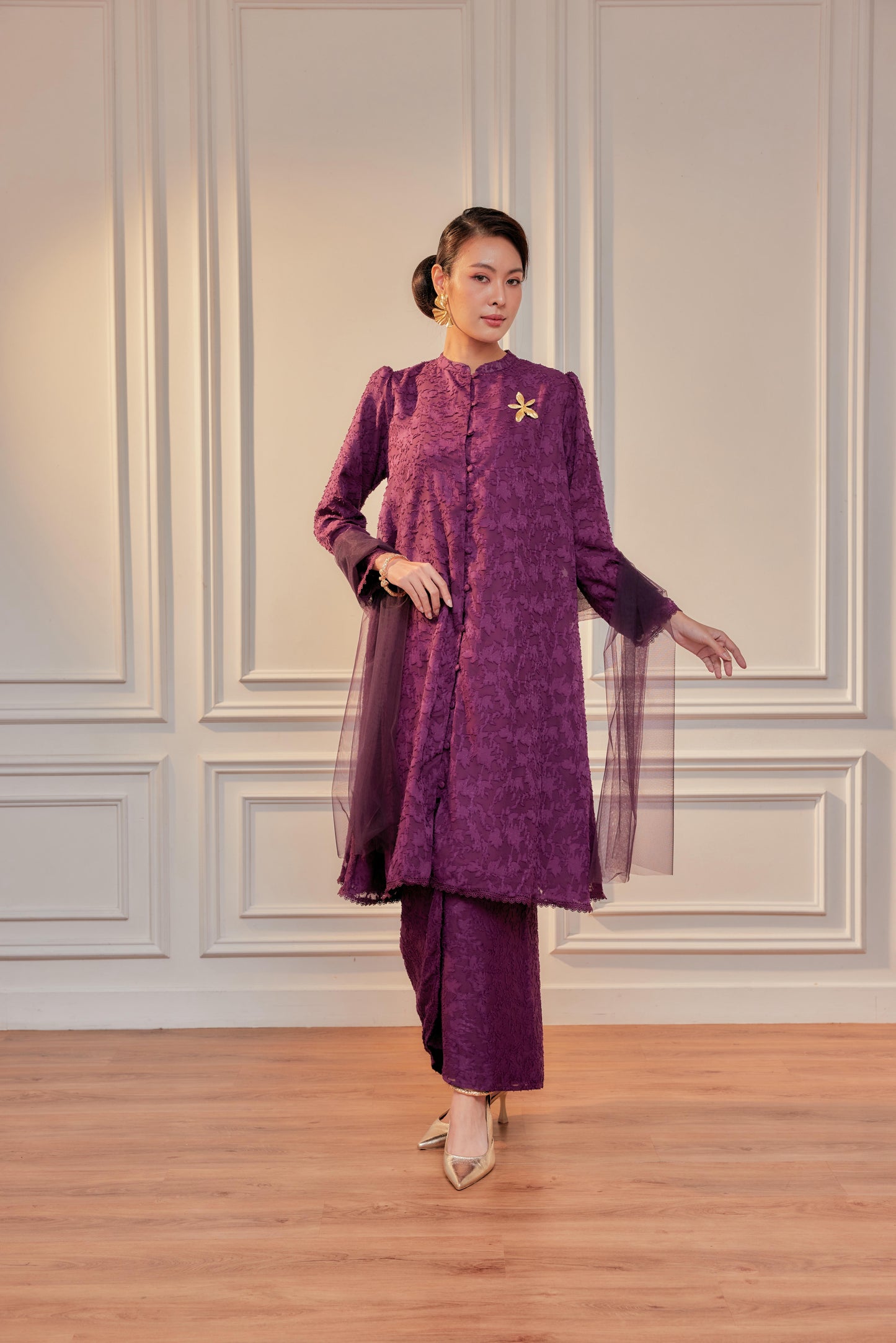 Purple Magenta - Dewita Jacquard Lace Kebarung with Front Buttons Set (Fully Lined)